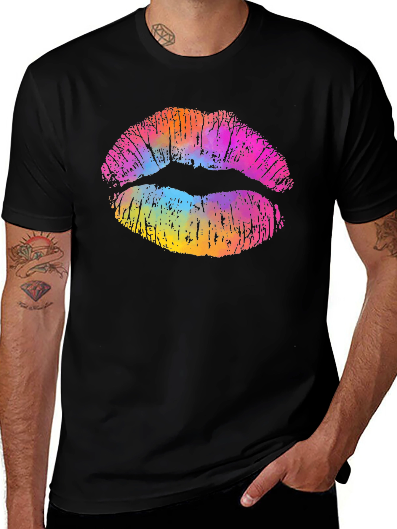 Rainbow Lips Graphic Tee - Stylish Unisex Black T-Shirt