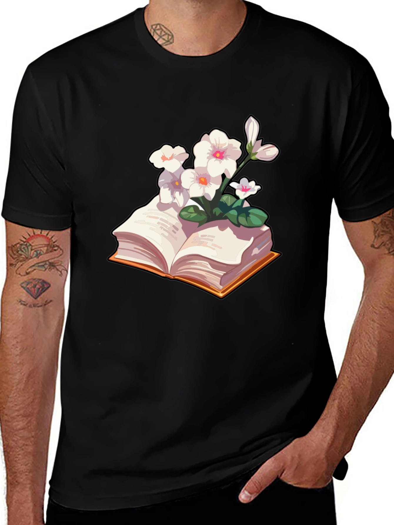 Variant 19 of Floral Bookworm T-Shirt - Black Cotton Blend