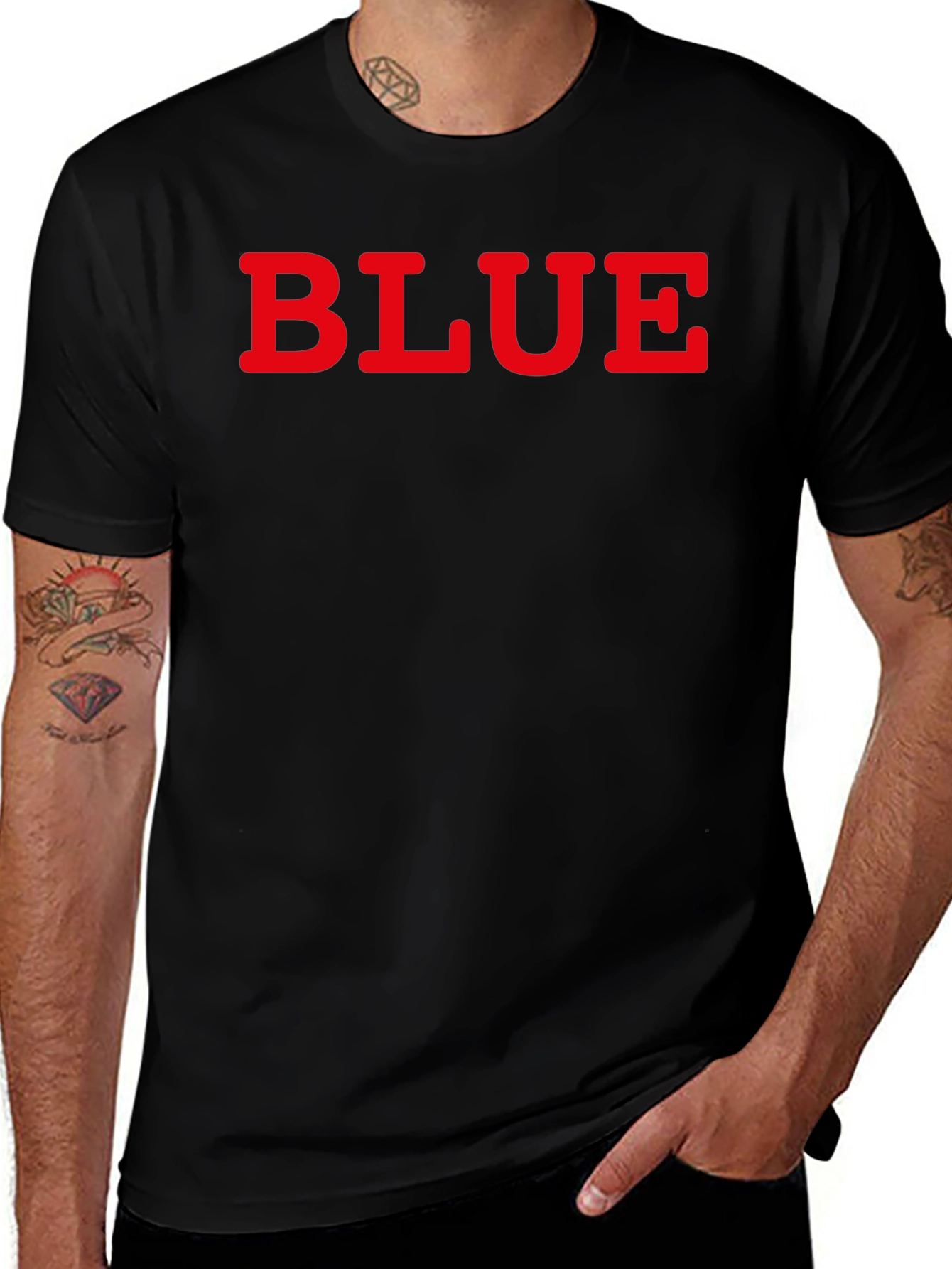 Variant 11 of Men's Black Tee with "BLUE" Graphic Print