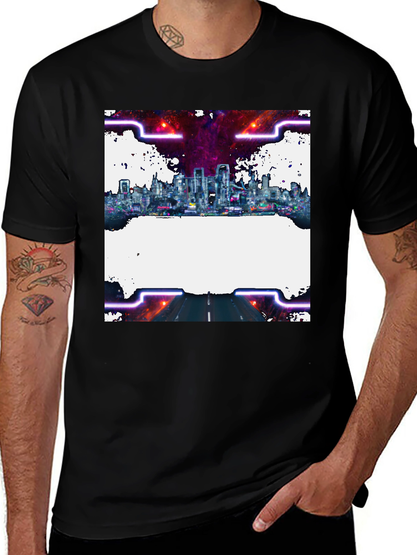 Variant 13 of Cyberpunk Cityscape Graphic Tee - Black Crew Neck