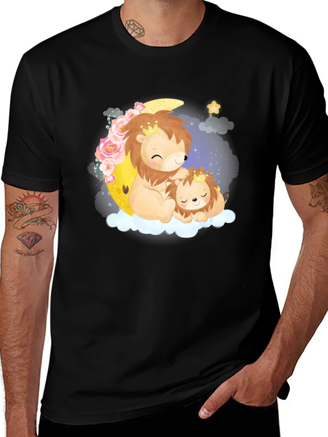 Variant 25 of Cute Lion & Cub on Moon Black T-Shirt