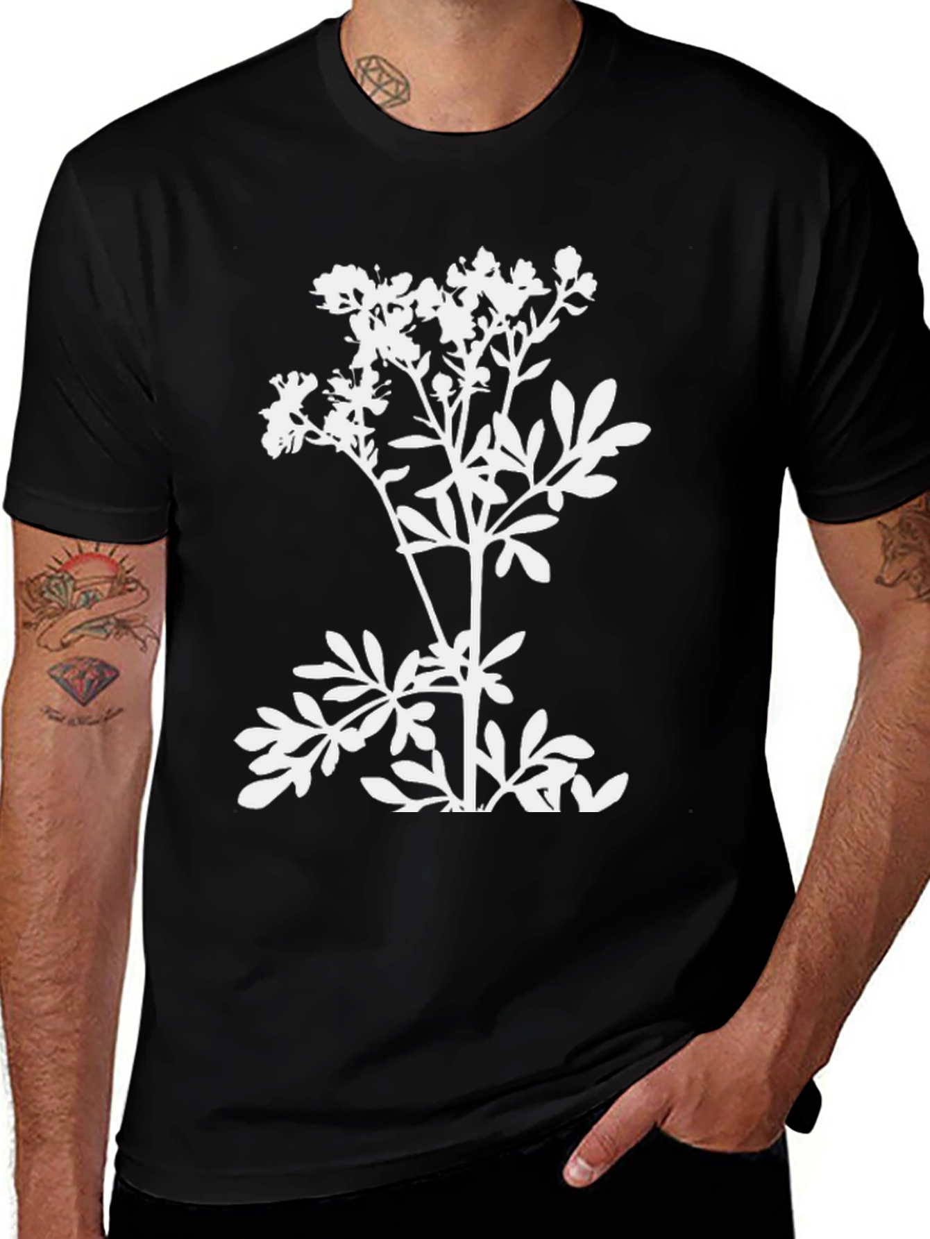 Variant 12 of Botanical Print T-Shirt - Black Cotton Tee