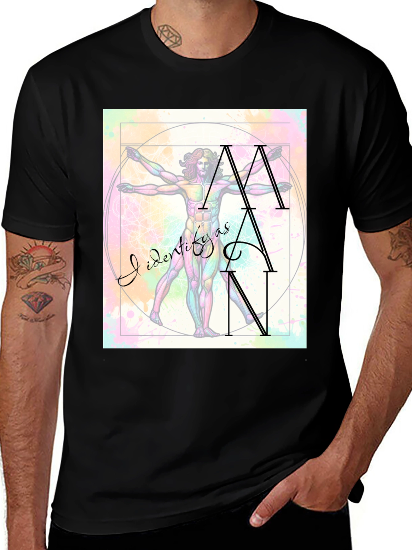 Variant 8 of I Identify As Man T-Shirt - Leonardo DaVinci Vitruvian Man Design