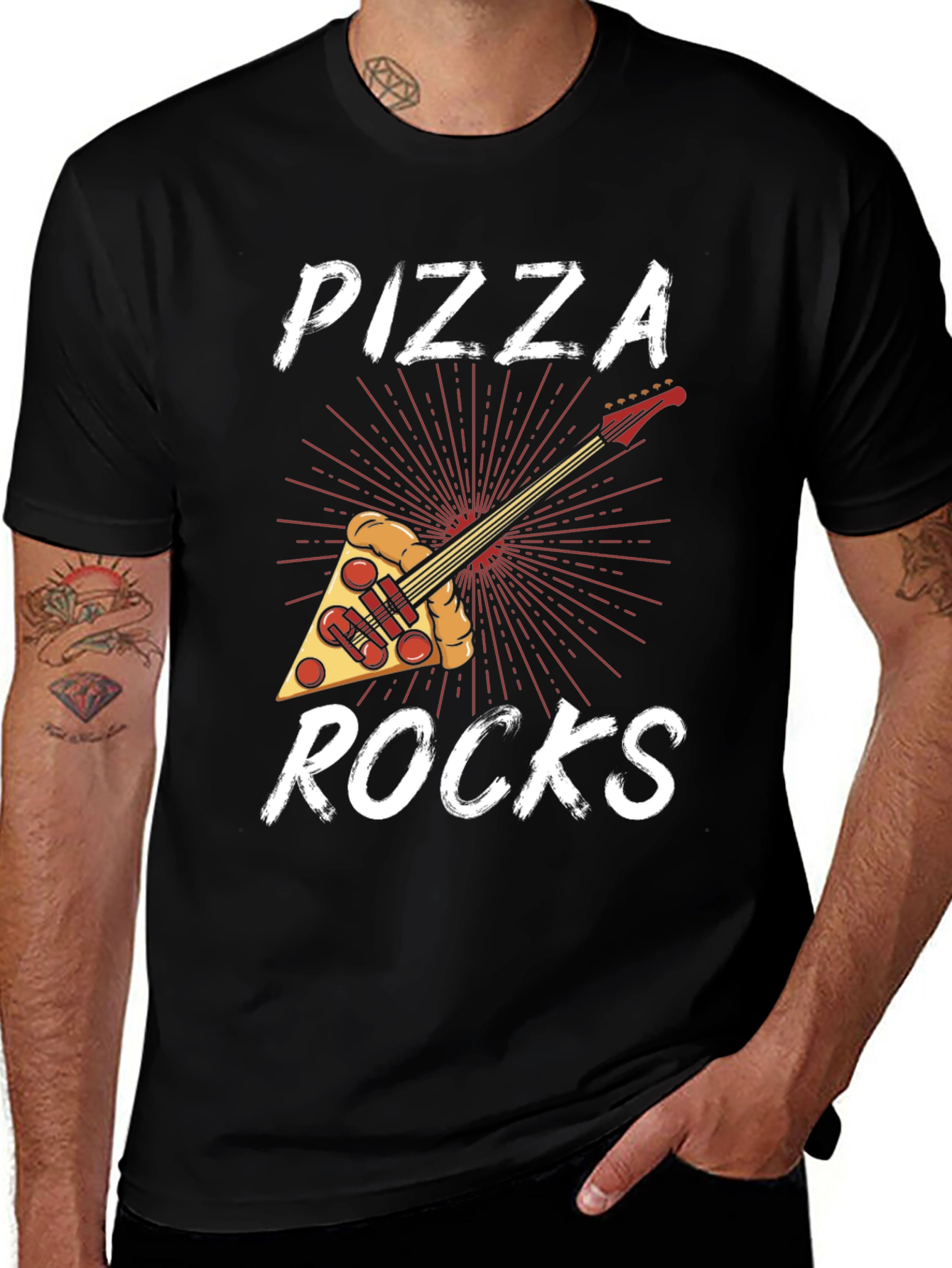 Variant 13 of Pizza Rocks T-Shirt - Foodie Guitar Tee