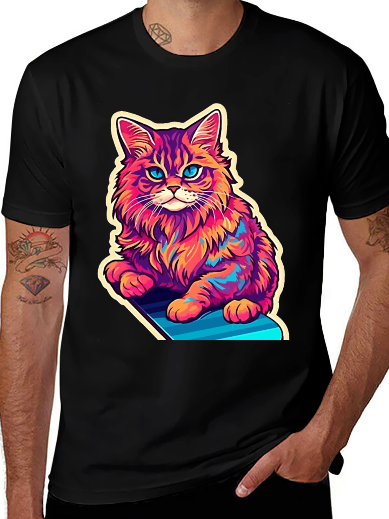 Variant 16 of Colorful Cat Graphic Tee - Artistic Style