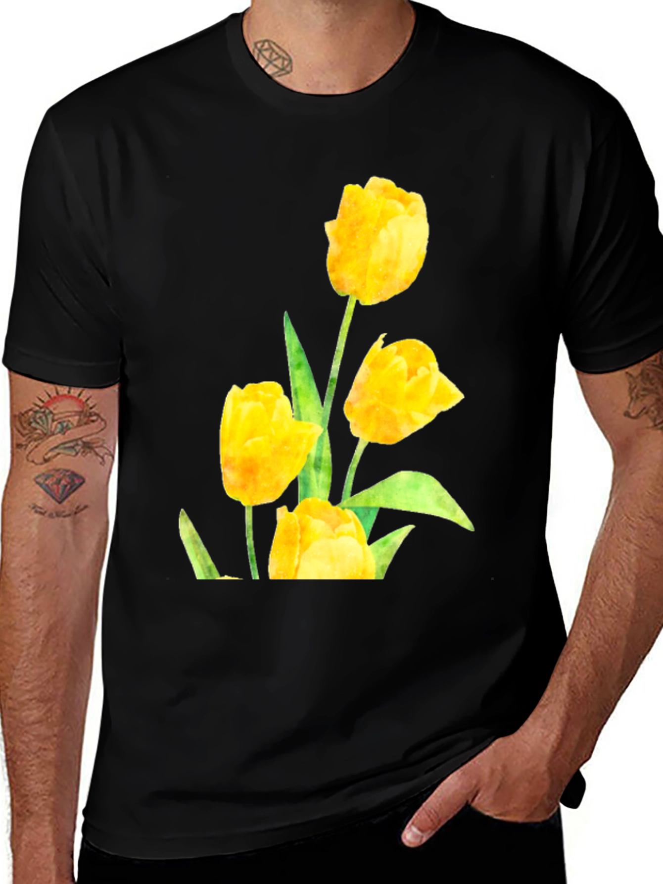 Variant 8 of Men's Black T-Shirt with Yellow Tulip Floral Design