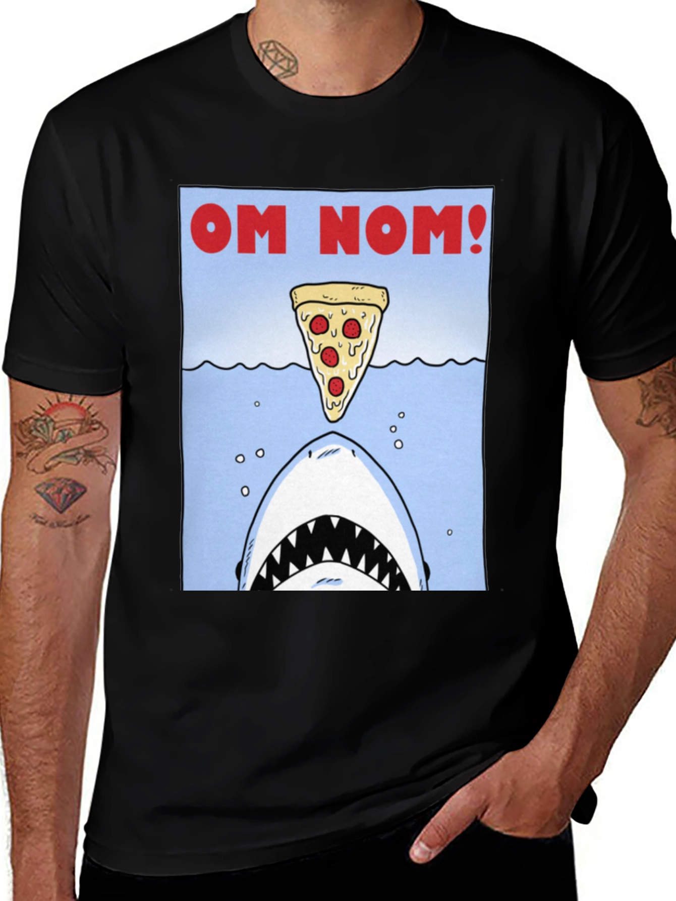 Variant 29 of Om Nom Pizza Shark T-Shirt - Funny Foodie Tee