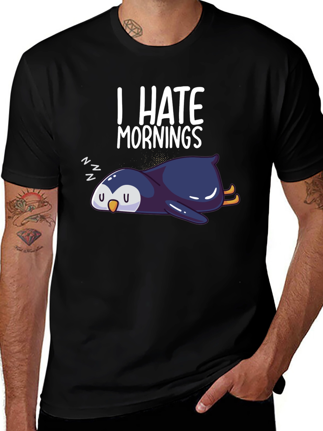 Variant 9 of I Hate Mornings Penguin Graphic Tee - Black