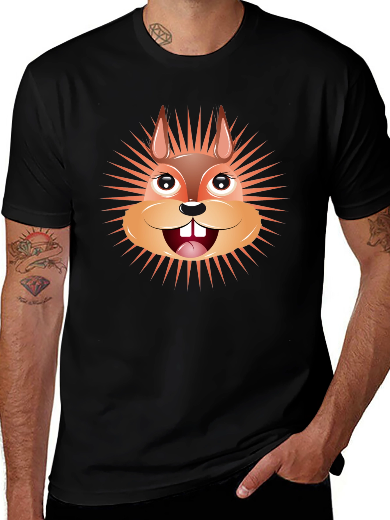 Variant 11 of Cartoon Squirrel Graphic Tee - Black Cotton T-Shirt