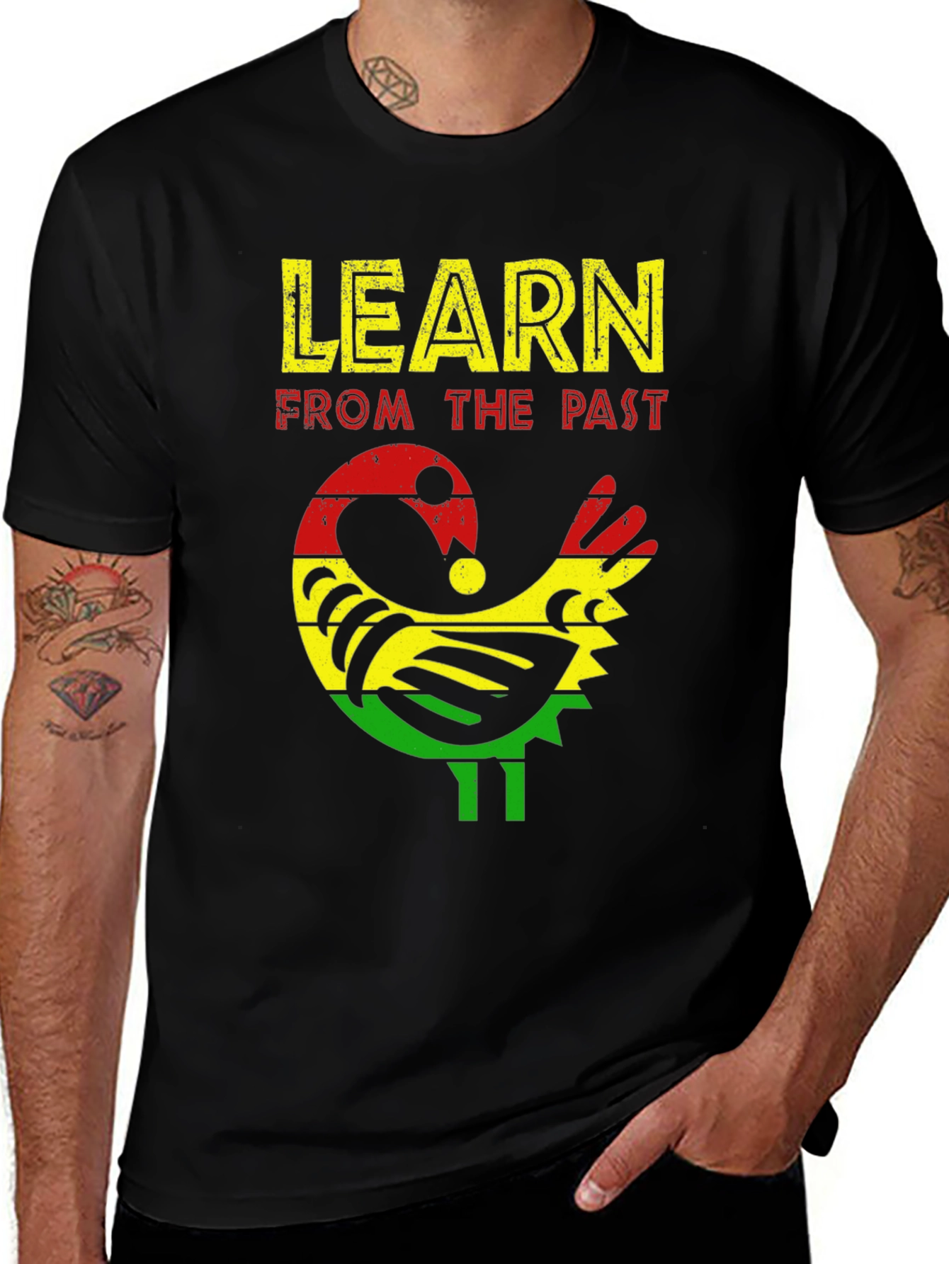 Variant 24 of Adinkra Bird Graphic Tee - Learn From The Past Black Shirt
