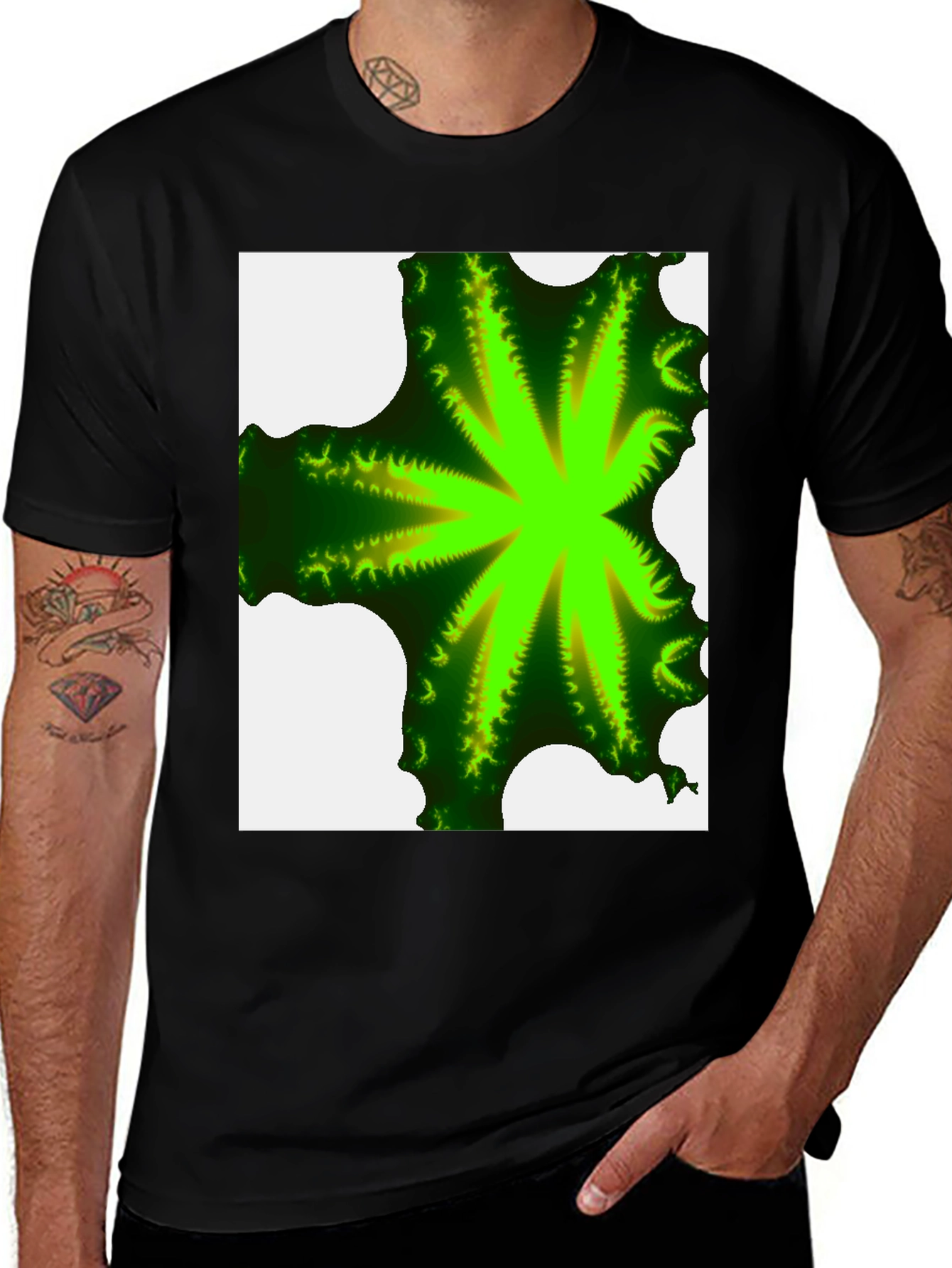 Green Fractal Star Graphic Black T-Shirt