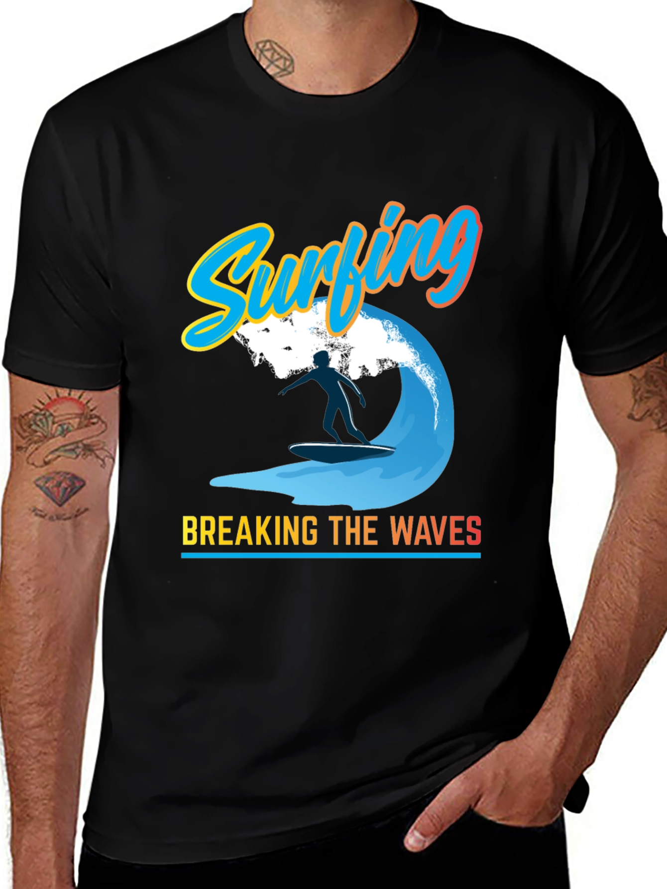 Variant 22 of Surfing Waves Graphic Tee - Black Cotton Shirt