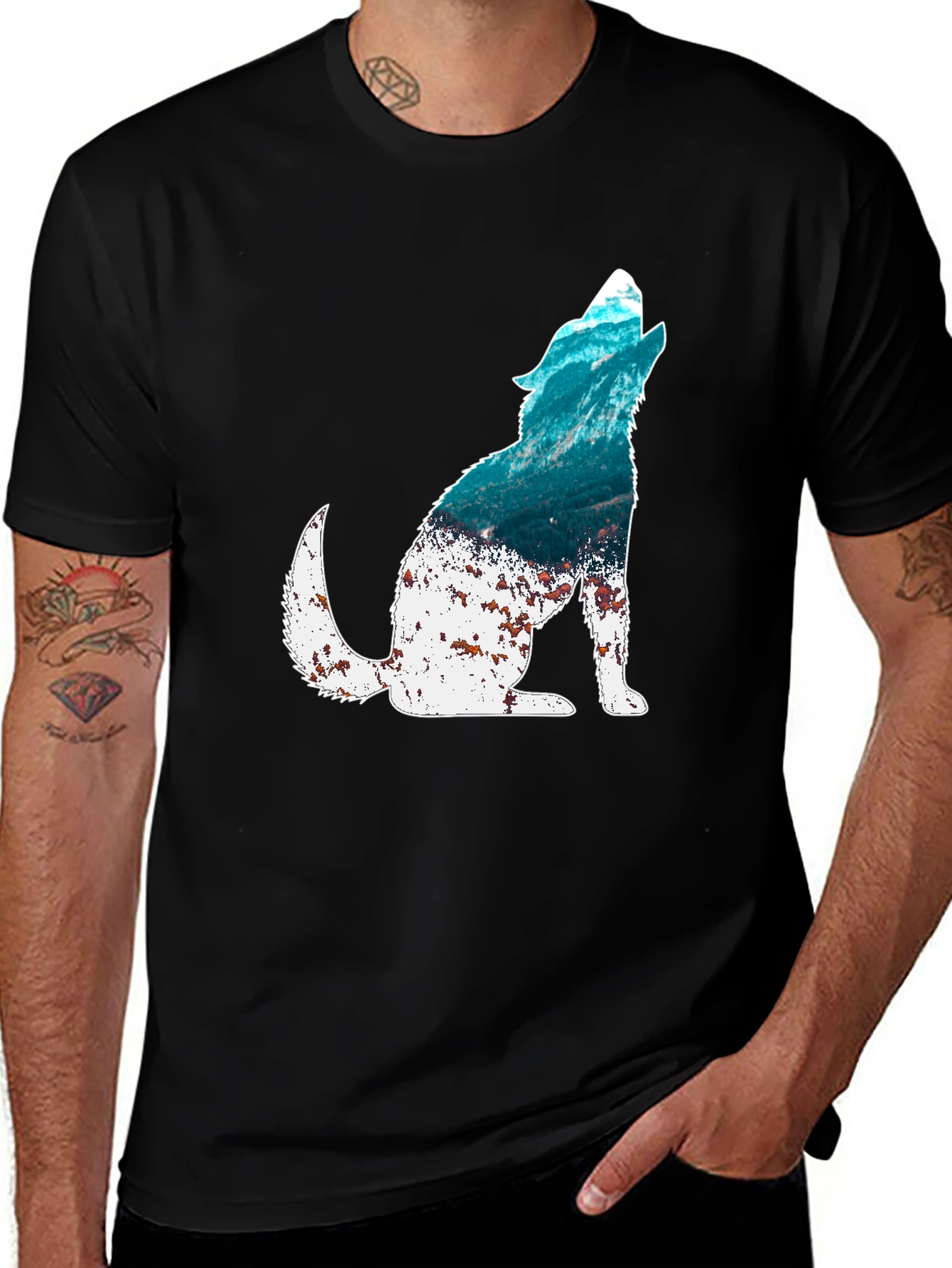 Variant 7 of Wolf Silhouette Ocean Graphic Tee - Men's Black T-Shirt