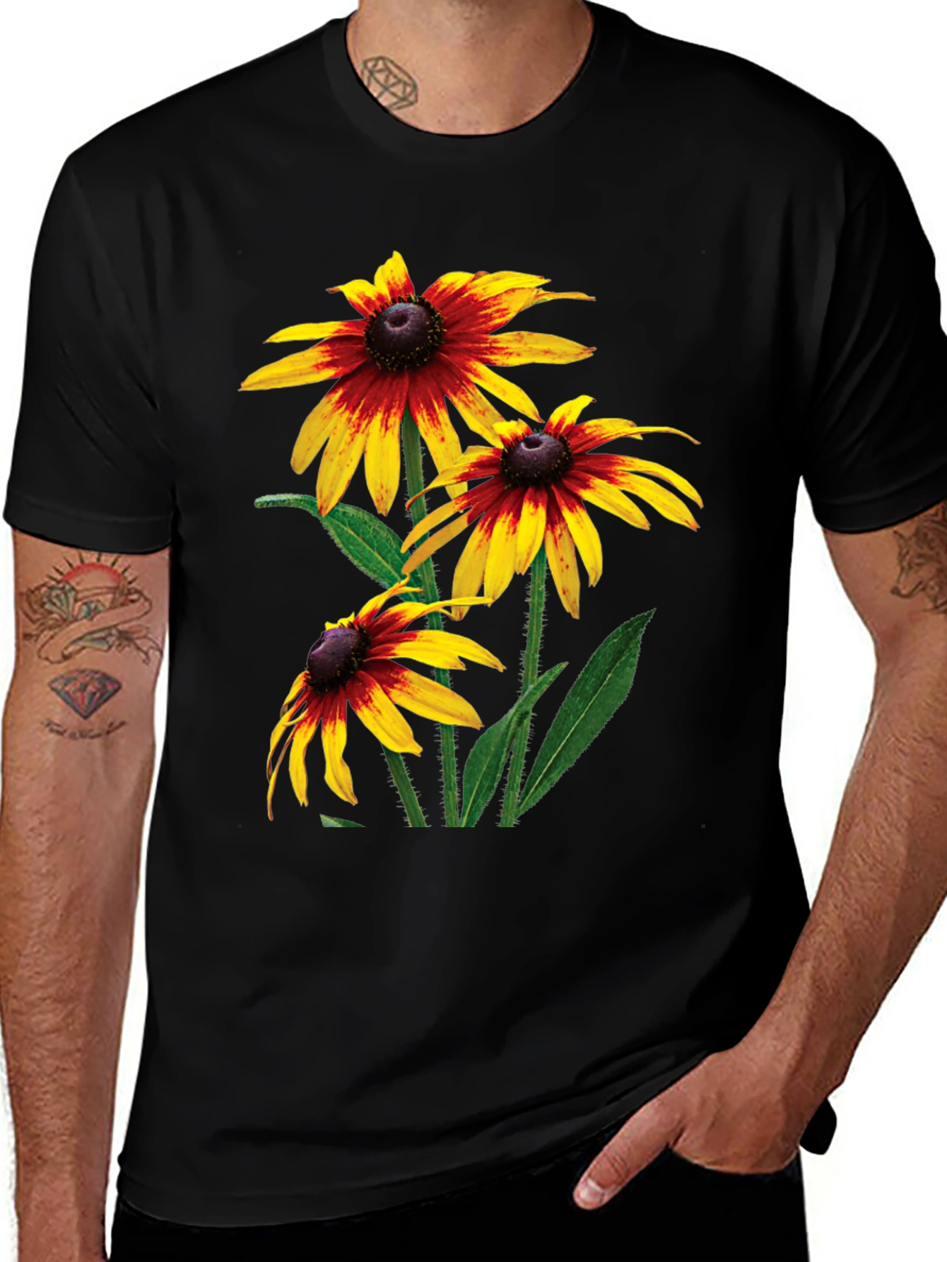 Variant 12 of Black T-Shirt with Rudbeckia Flower Print