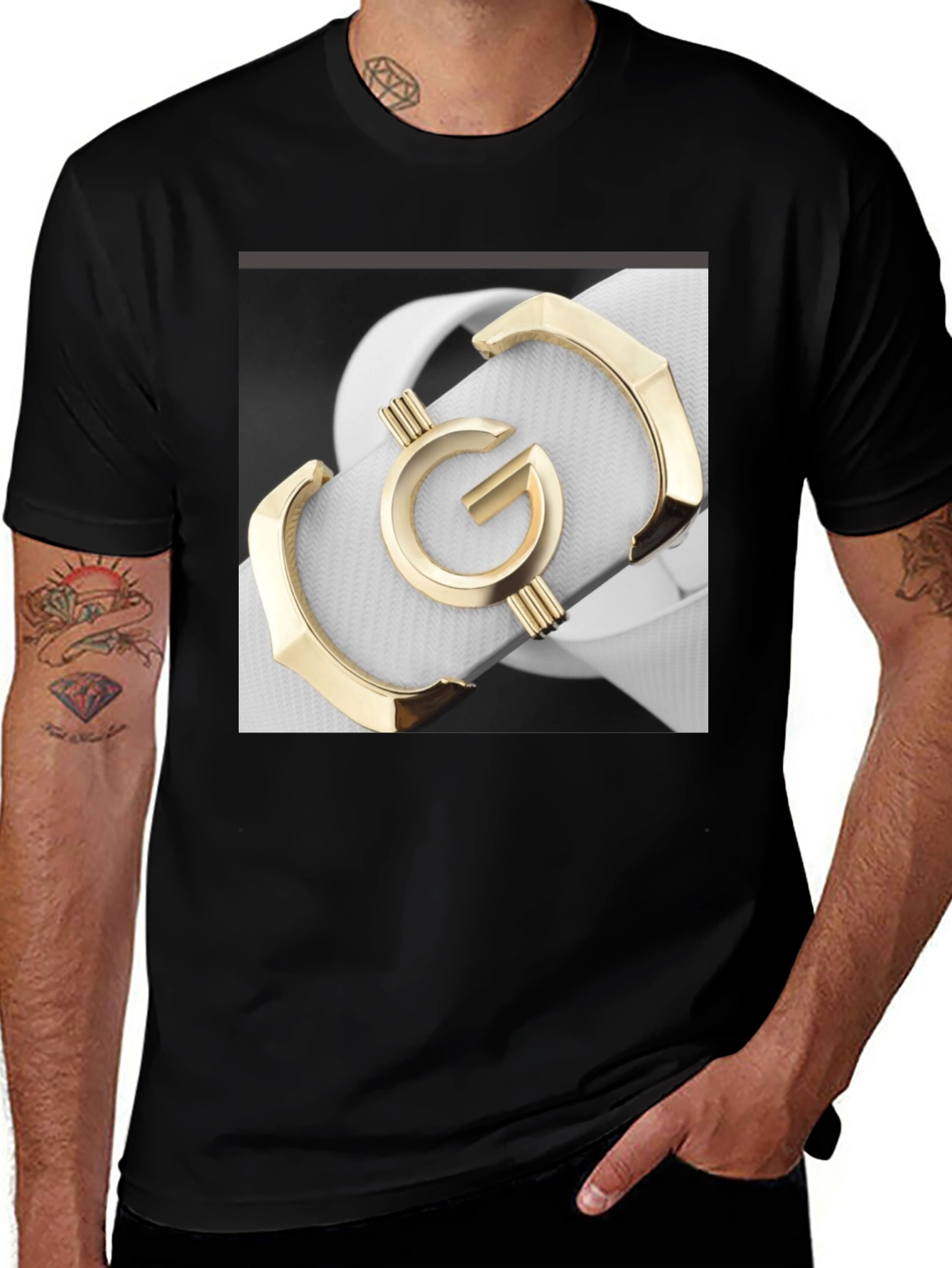 Variant 21 of Stylish Black T-Shirt with Gold 'G' Belt Print