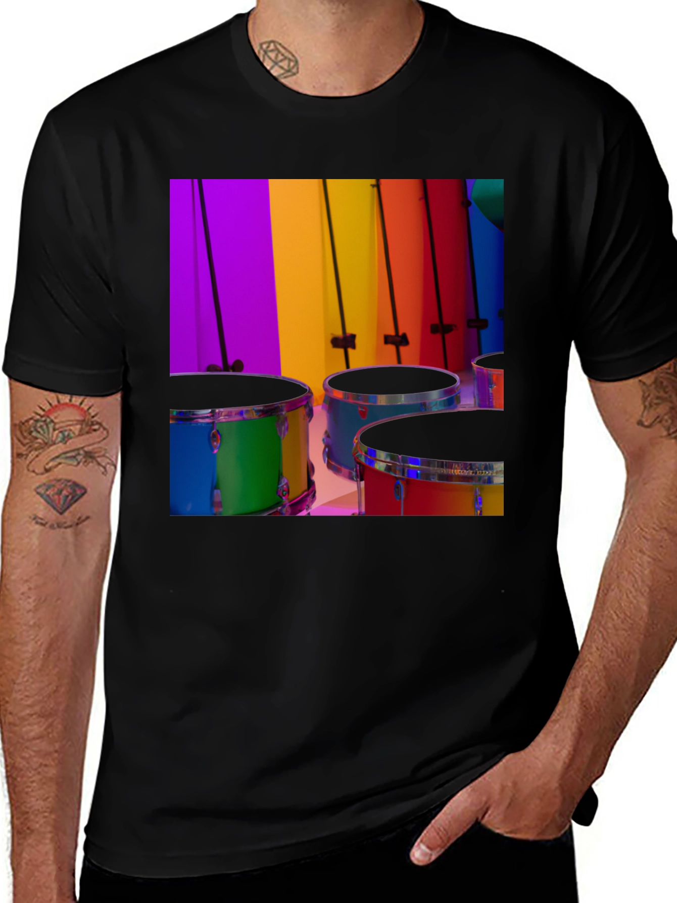 Variant 16 of Rainbow Drums Graphic Black T-Shirt