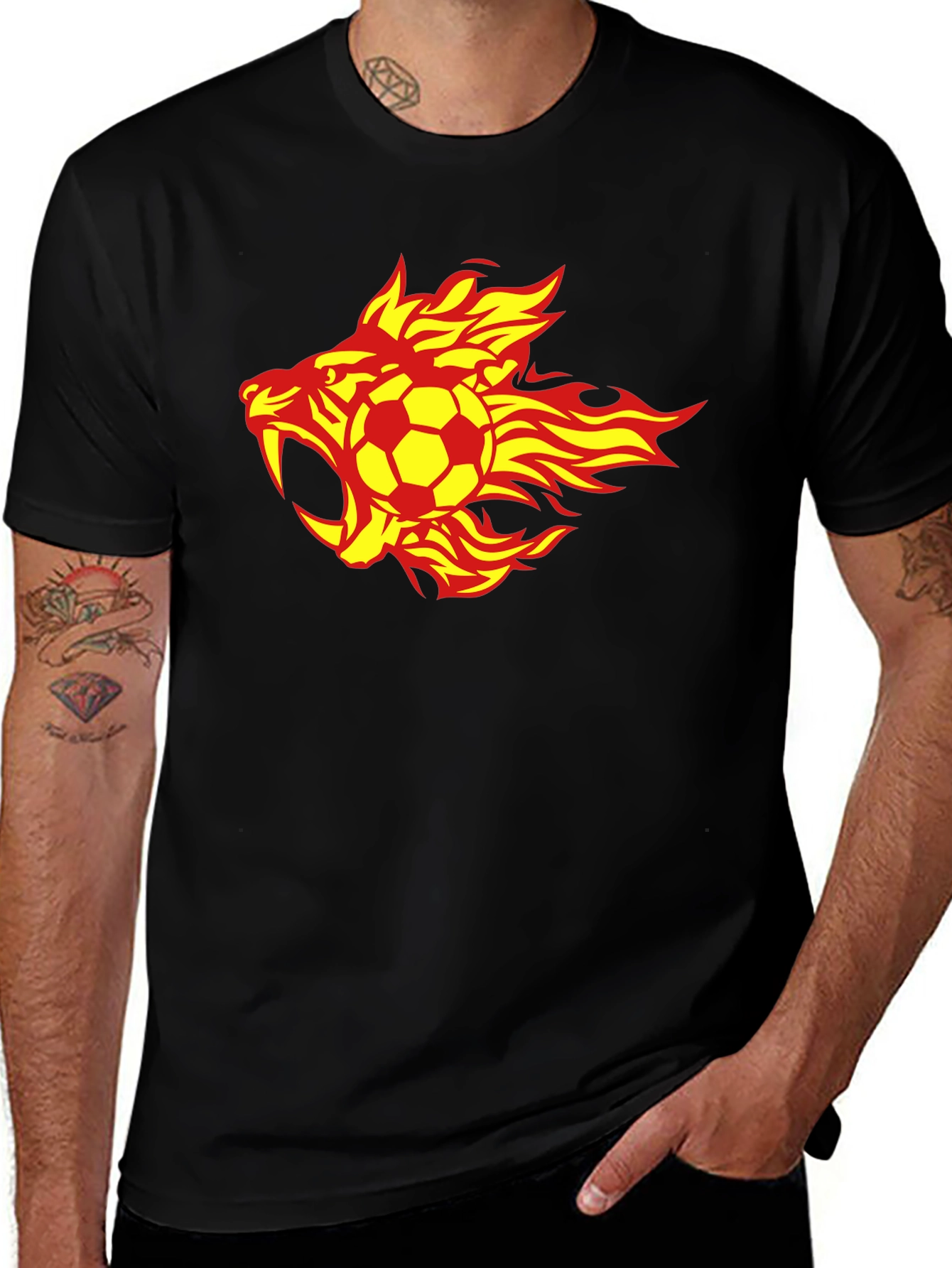 Variant 5 of Flaming Soccer Lion Graphic Tee - Black T-Shirt