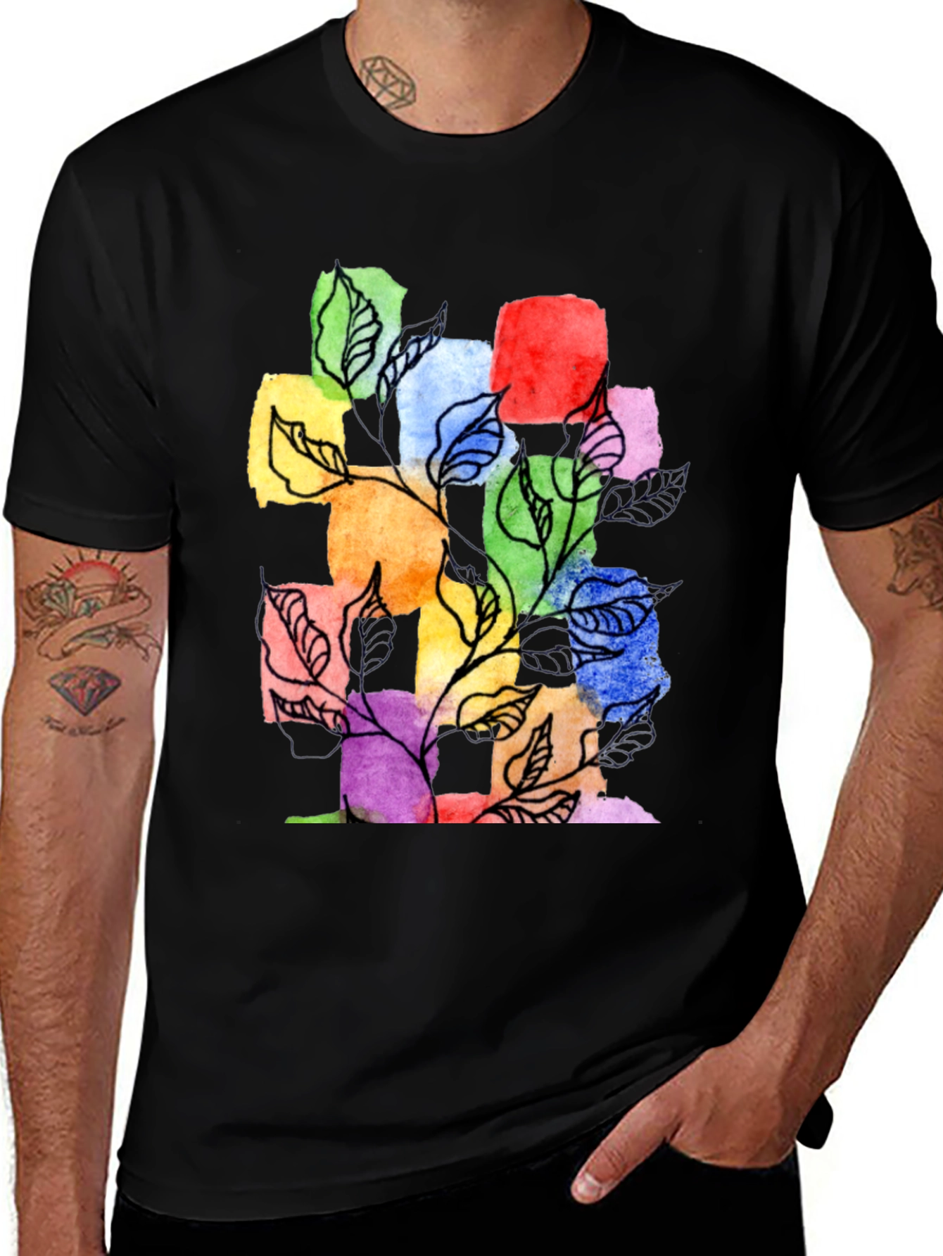 Variant 29 of Watercolor Flowers Graphic Tee - Black Cotton Blend