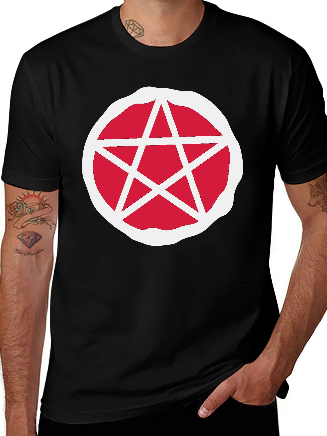 Variant 11 of Red Pentagram Graphic T-Shirt - Black