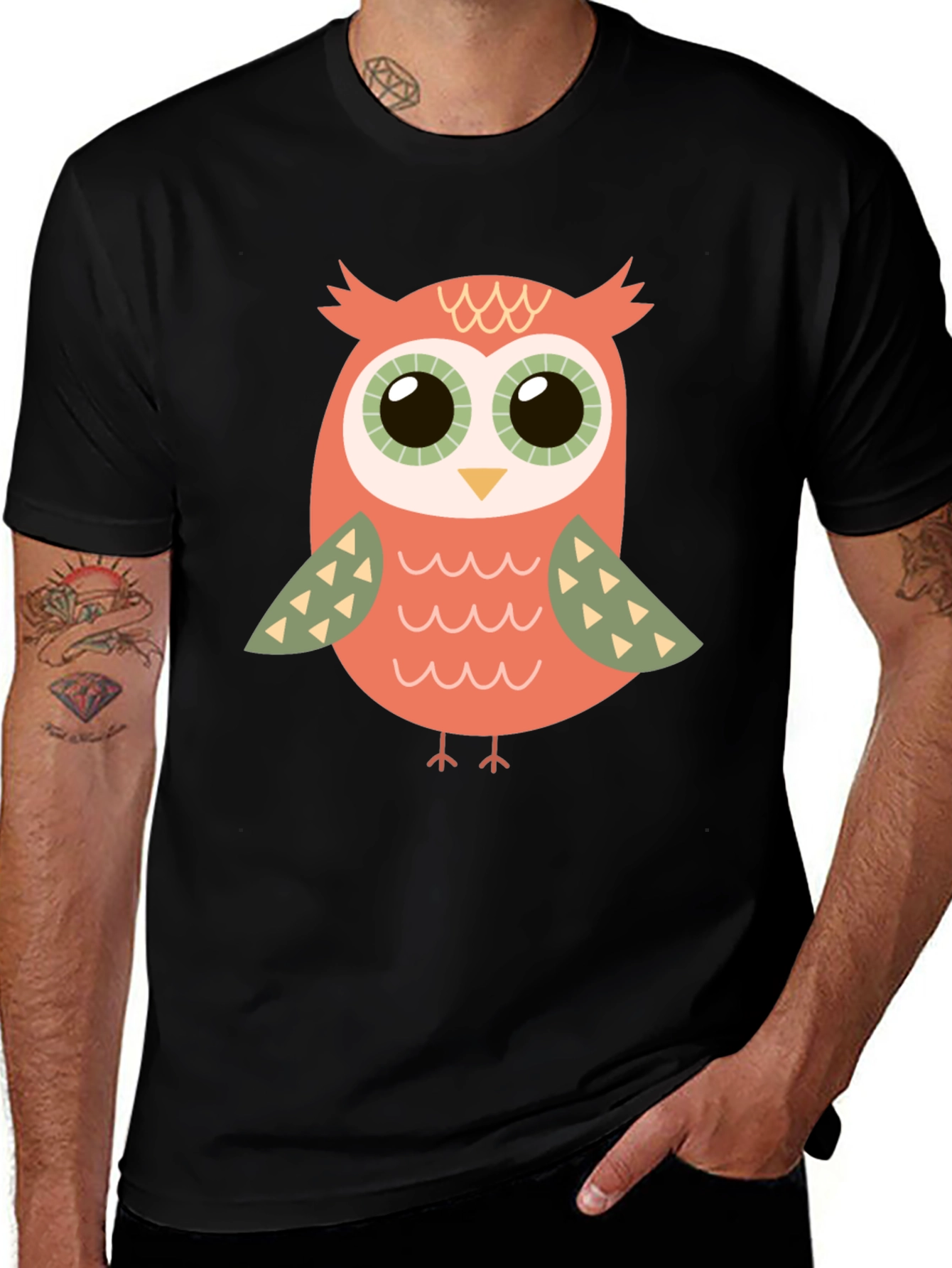 Variant 11 of Cute Owl Graphic T-Shirt - Black Cotton Tee