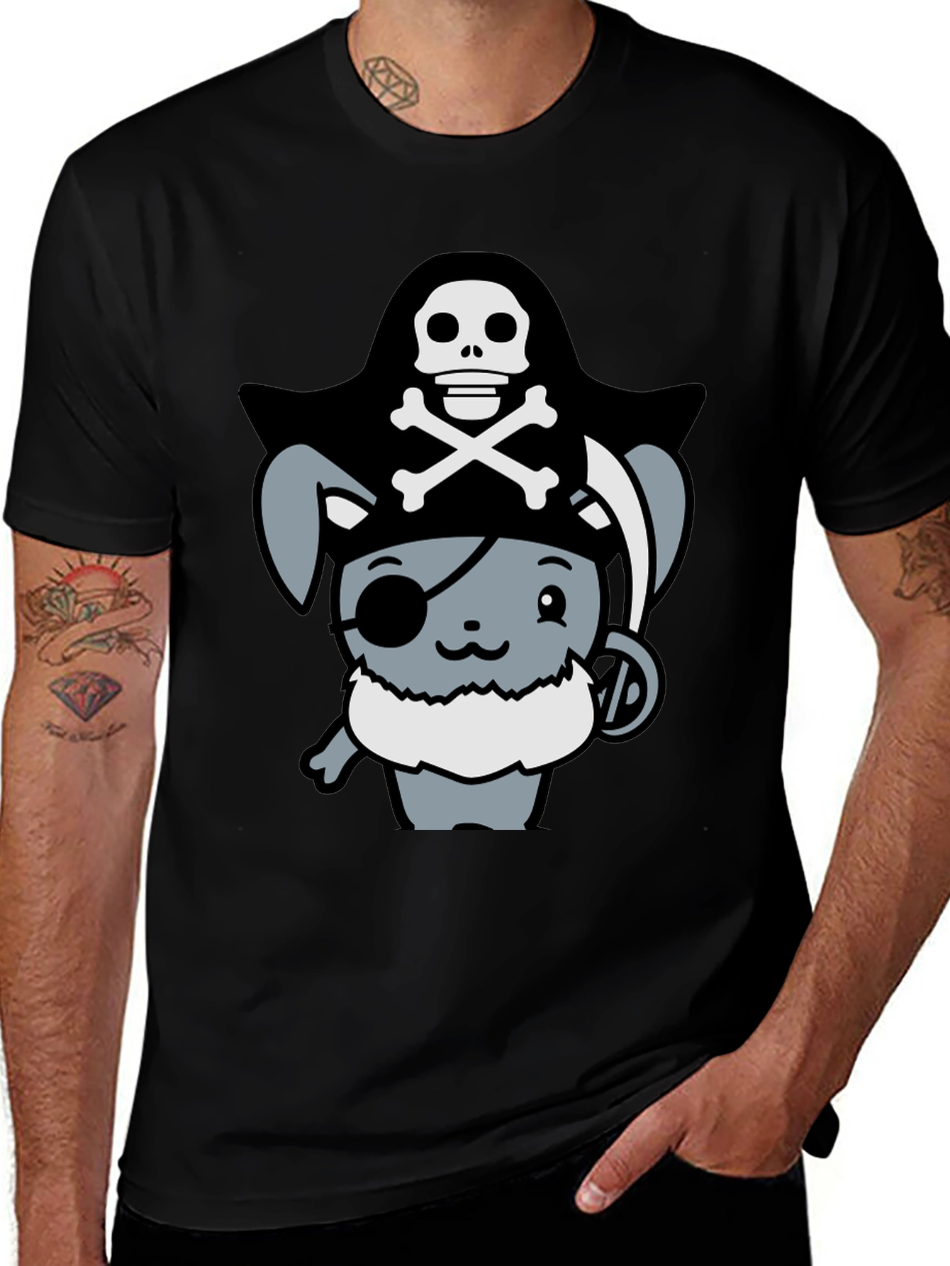 Variant 28 of Pirate Bunny Graphic T-Shirt - Black Cotton Crew Neck Tee