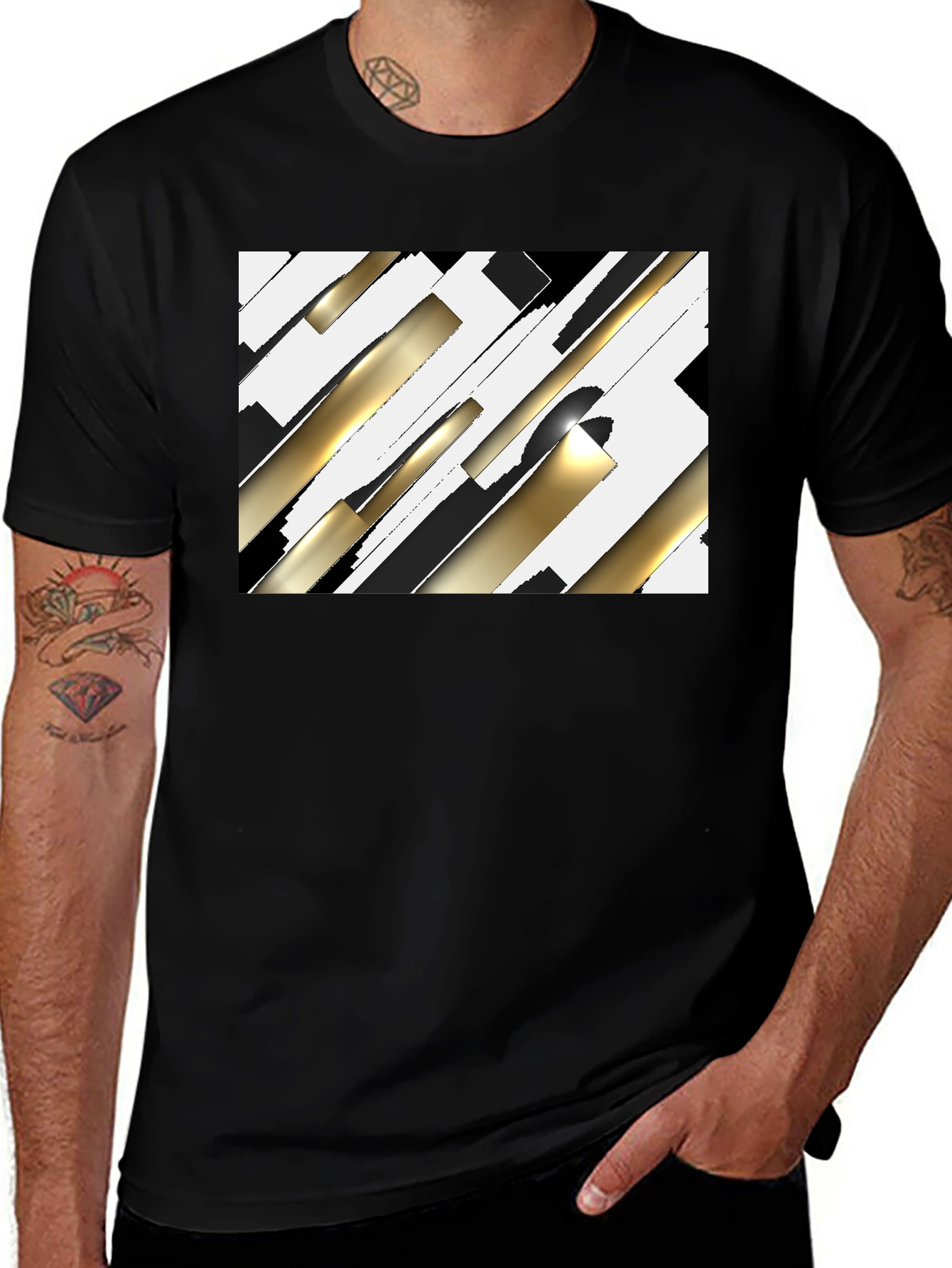 Variant 28 of Abstract Geometric Gold & Black Graphic T-Shirt
