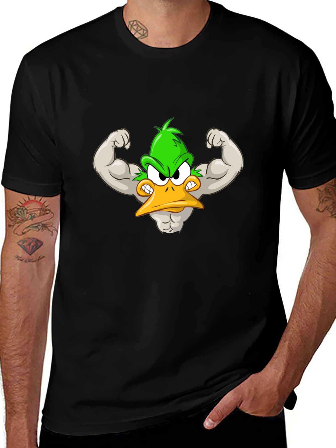 Variant 16 of Muscular Cartoon Duck Graphic Tee - Black Cotton Shirt