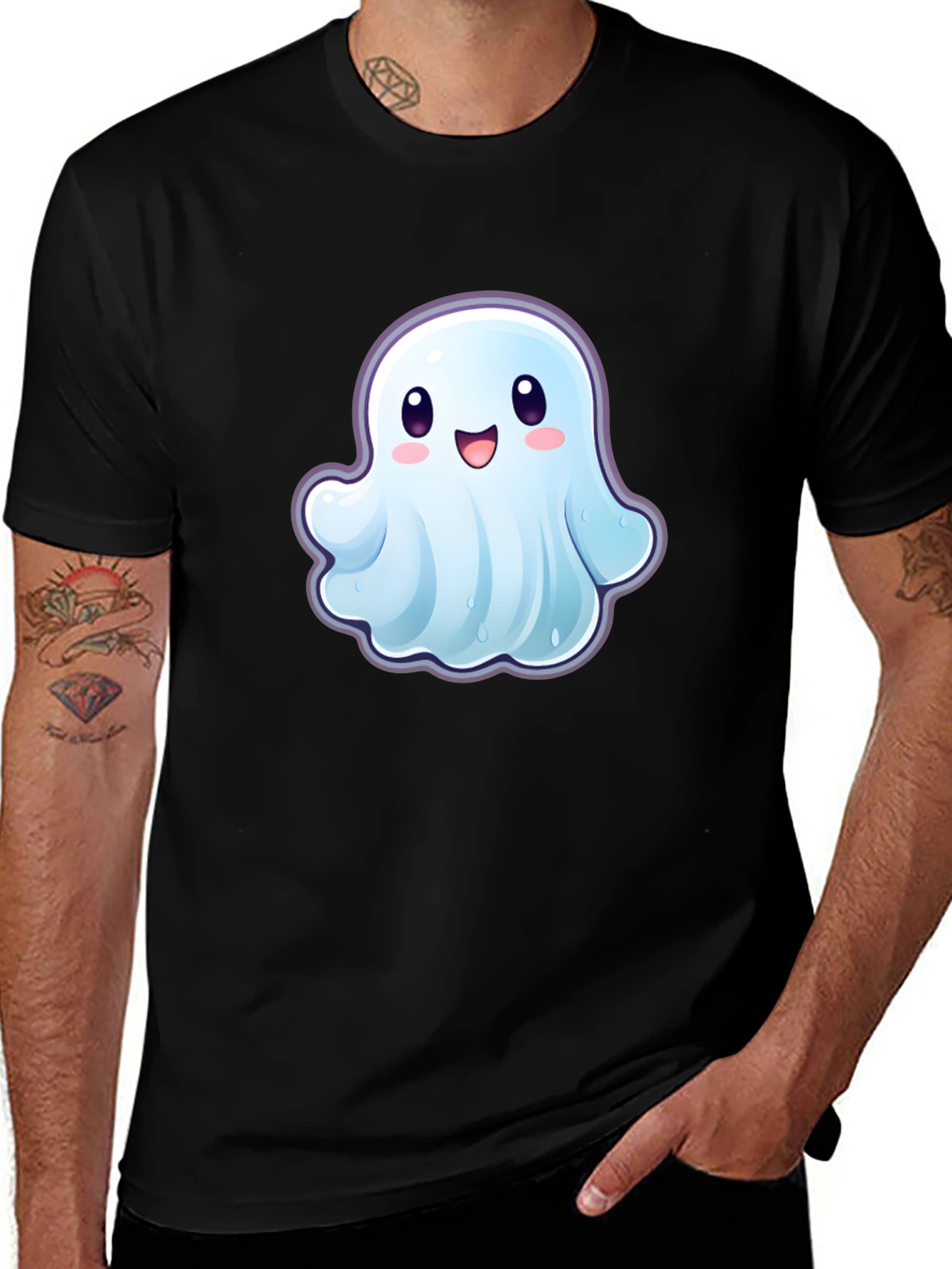 Variant 7 of Cute Ghost Graphic T-Shirt - Black Cotton Tee