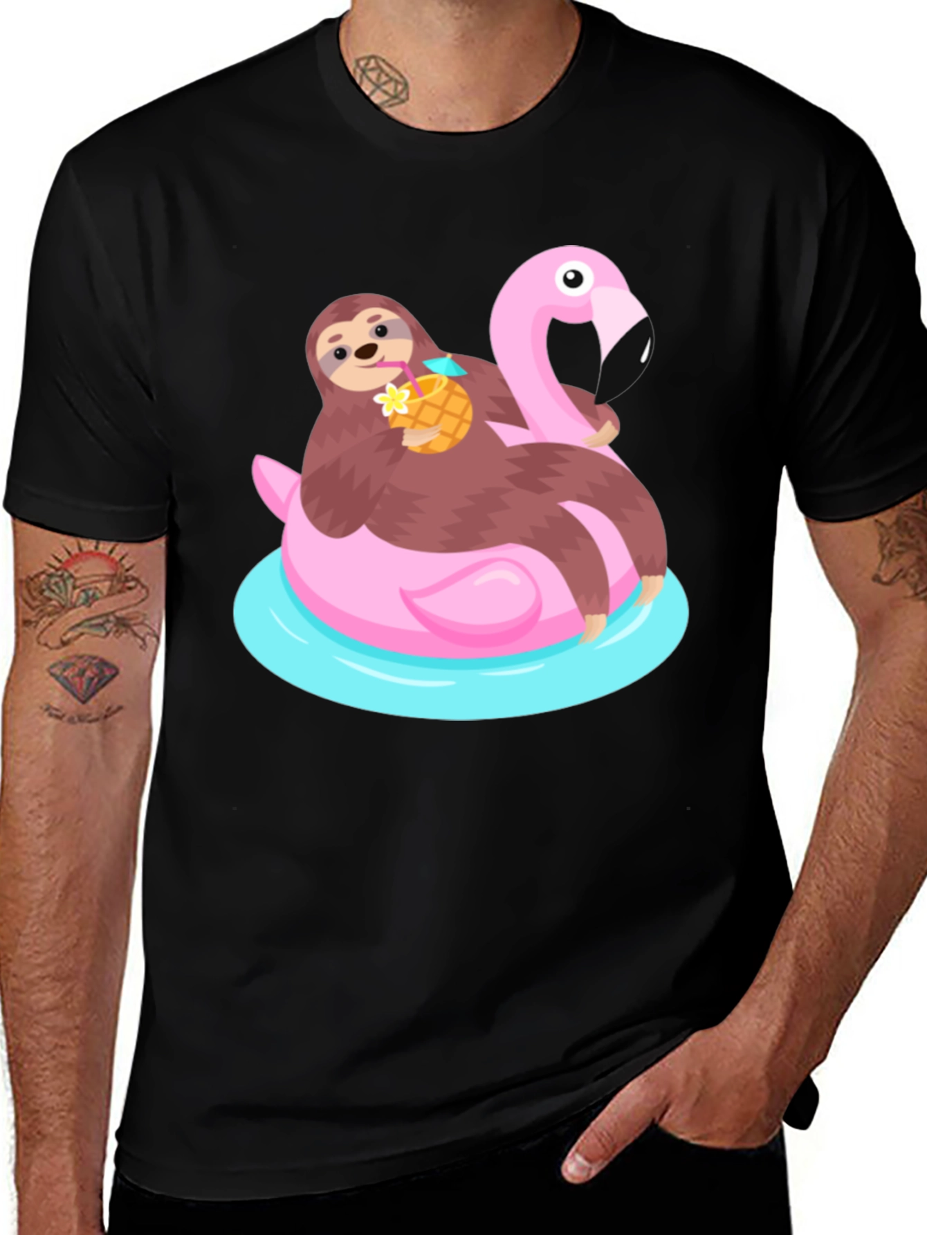 Variant 2 of Sloth Flamingo Float T-Shirt - Relaxed Summer Vibes