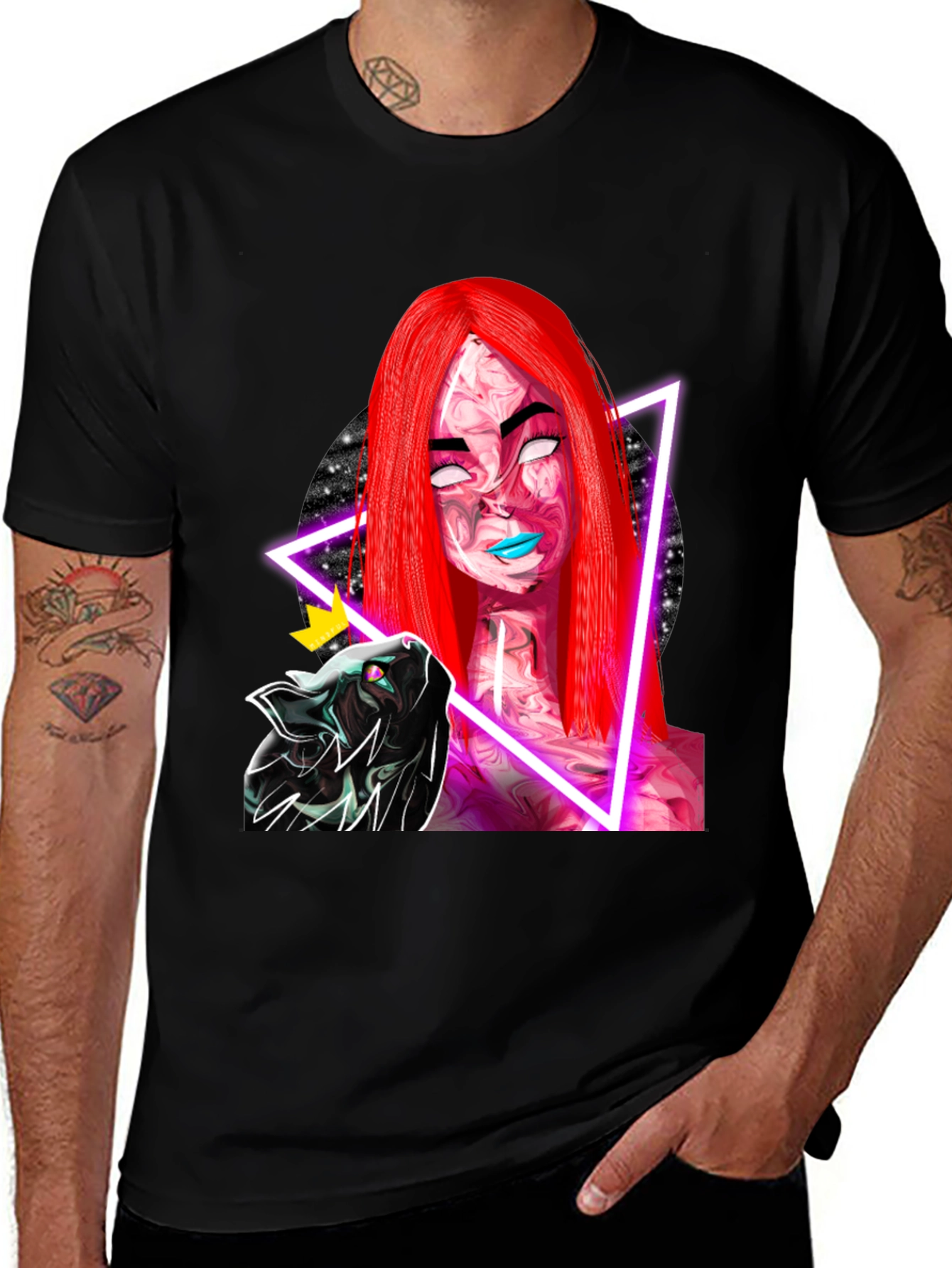 Variant 9 of Neon Galaxy Woman & Cat Black T-Shirt