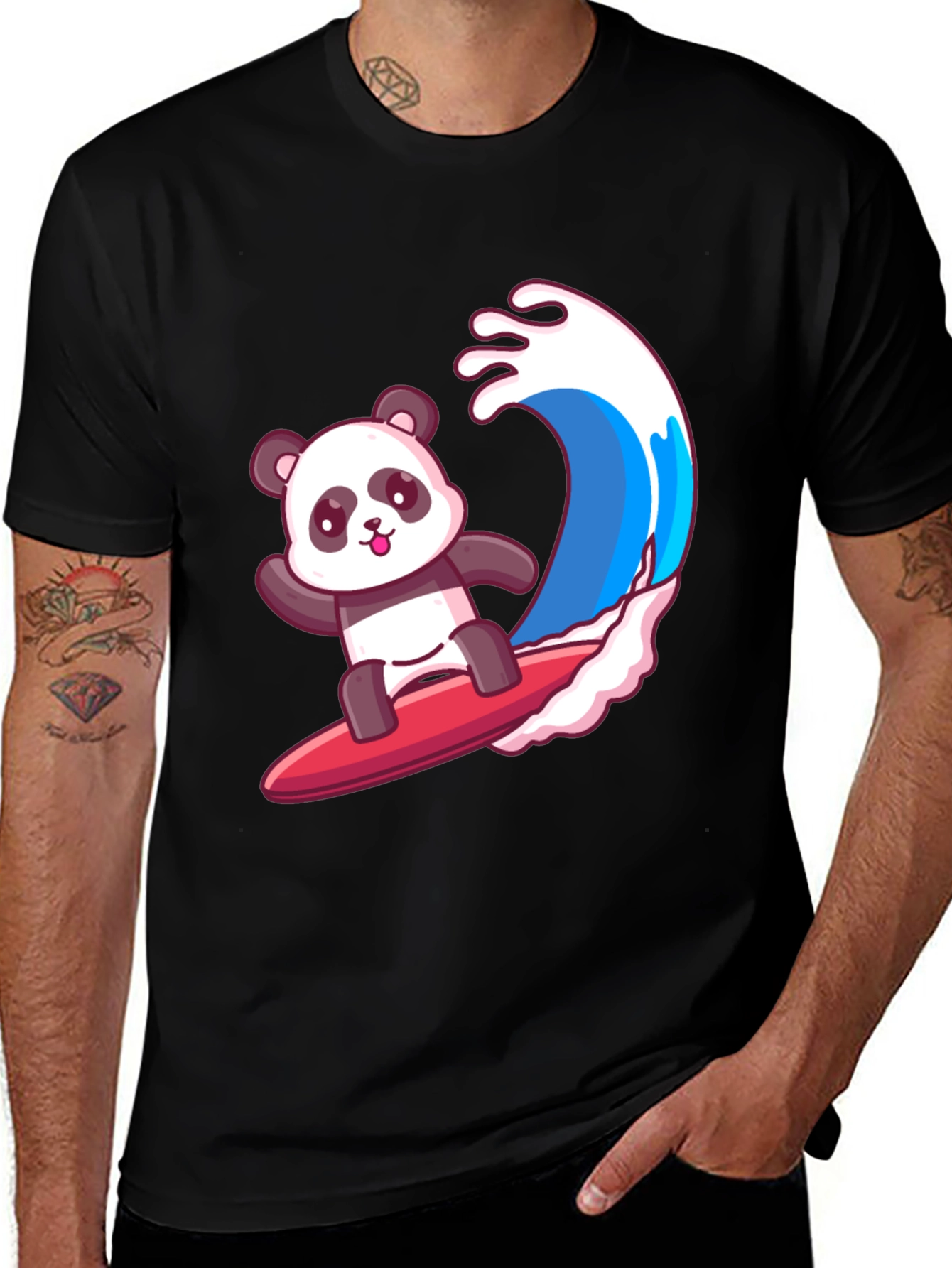 Variant 27 of Surfing Panda Graphic Tee - Black Cotton Shirt
