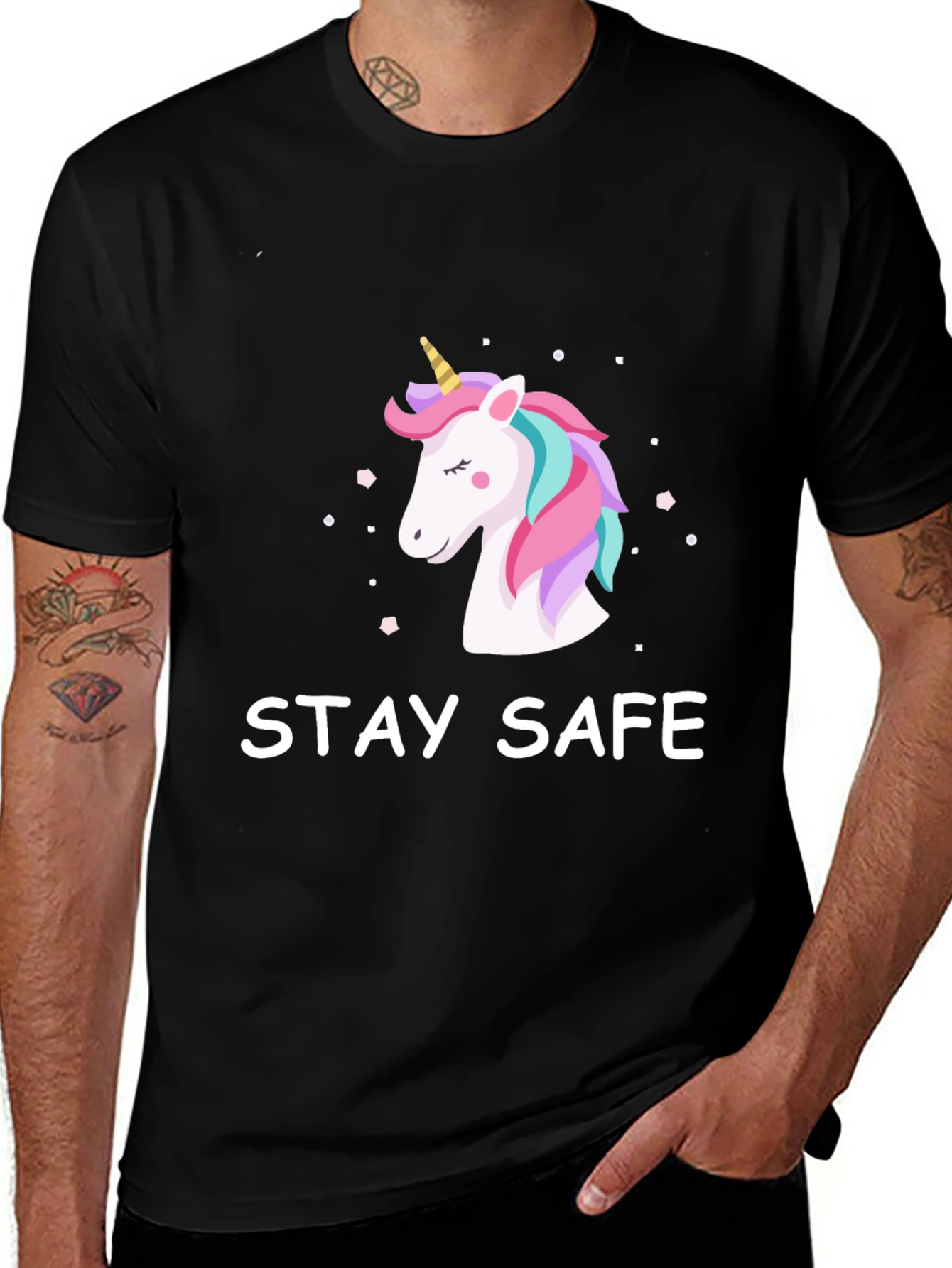 Variant 26 of Stay Safe Unicorn Graphic Tee - Black Casual Shirt