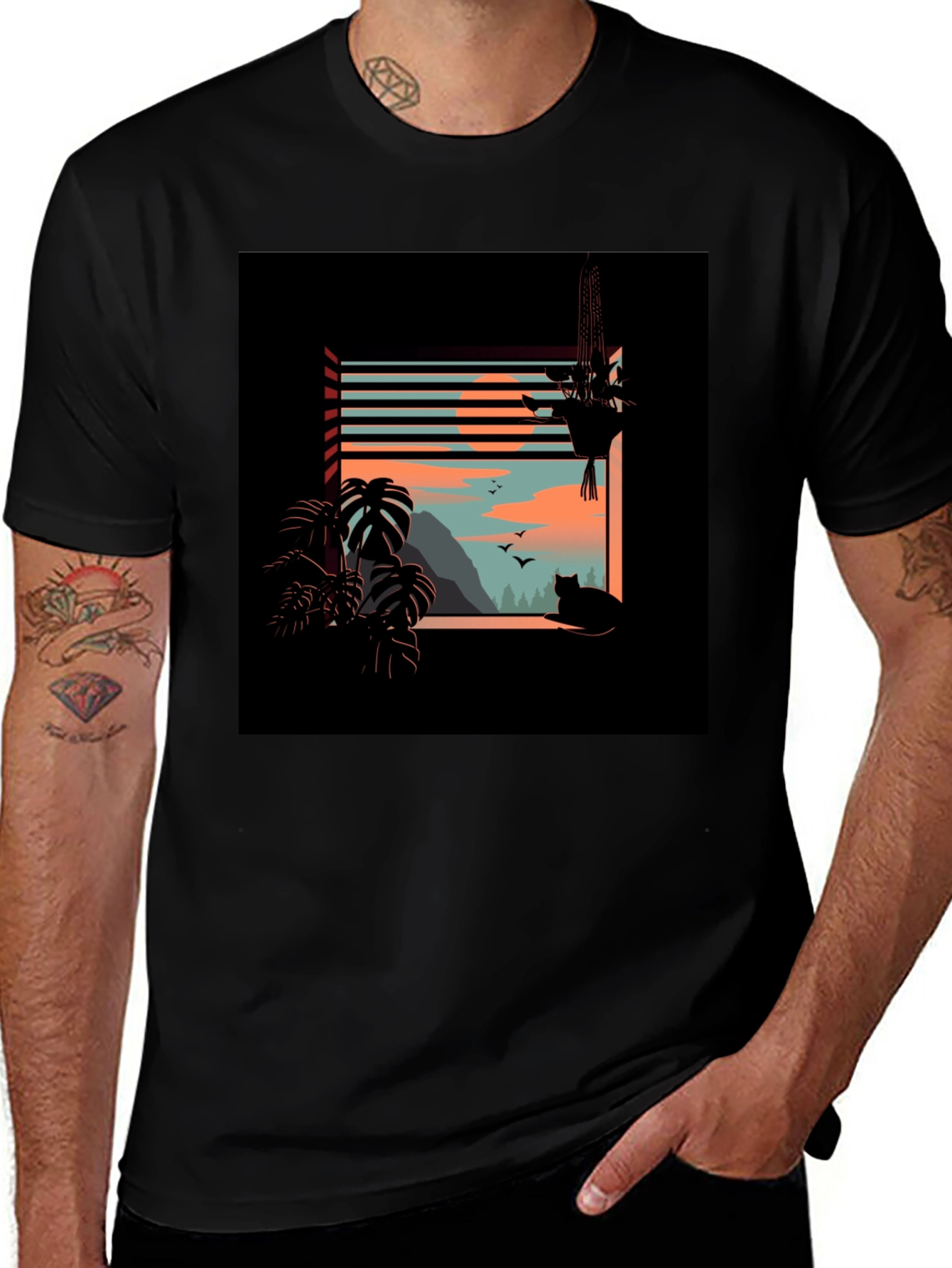 Variant 6 of Black Graphic Tee - Cozy Cat Window View