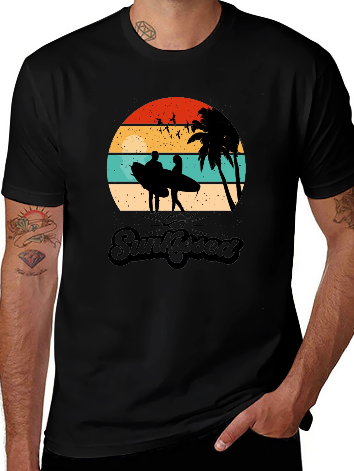 Sunkissed Graphic Tee: Beach Sunset Surfer Design