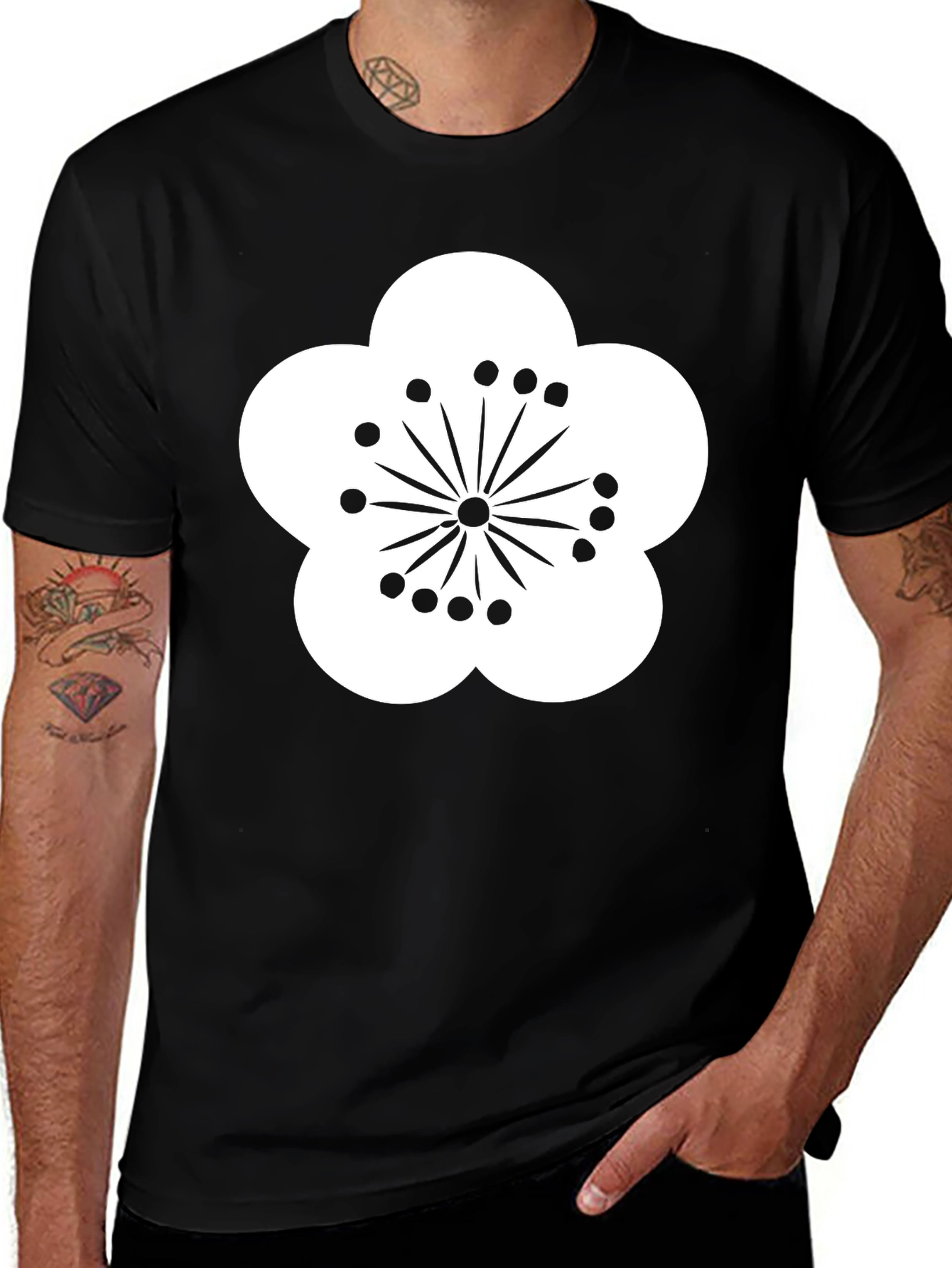 Variant 11 of Black T-Shirt with White Flower Design