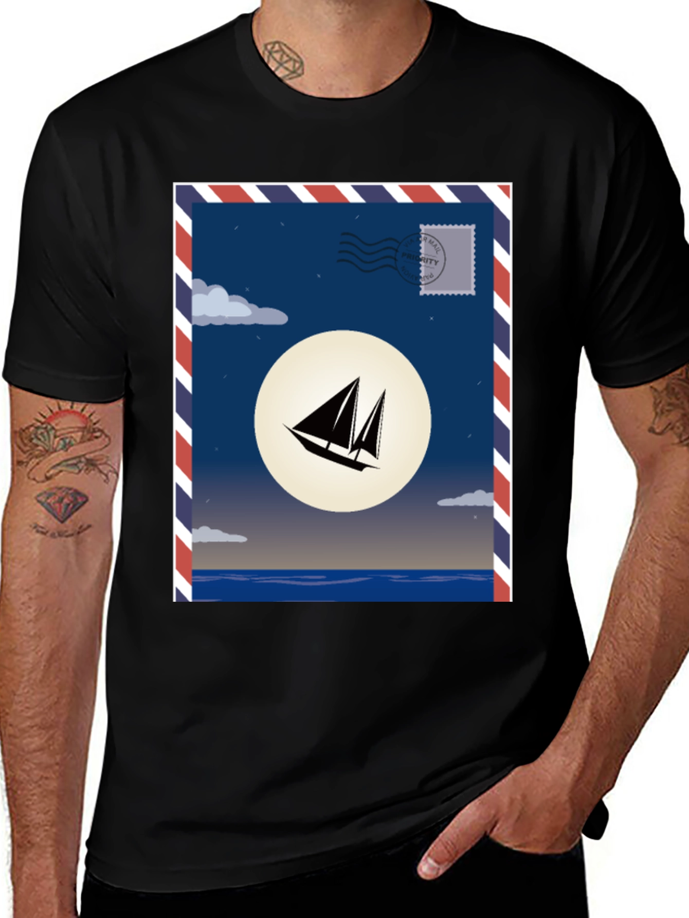 Variant 9 of Sailboat Stamp Graphic T-Shirt - Black Cotton Tee