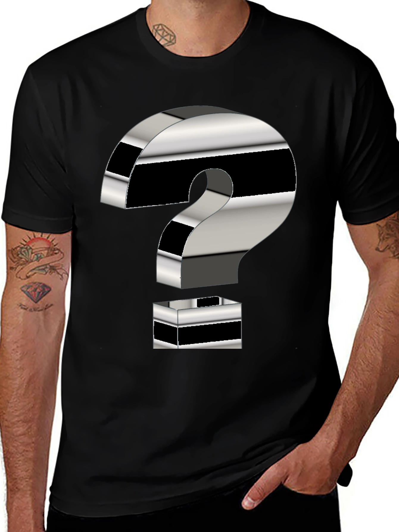 Variant 22 of Men's Black T-Shirt with Metallic Question Mark Graphic