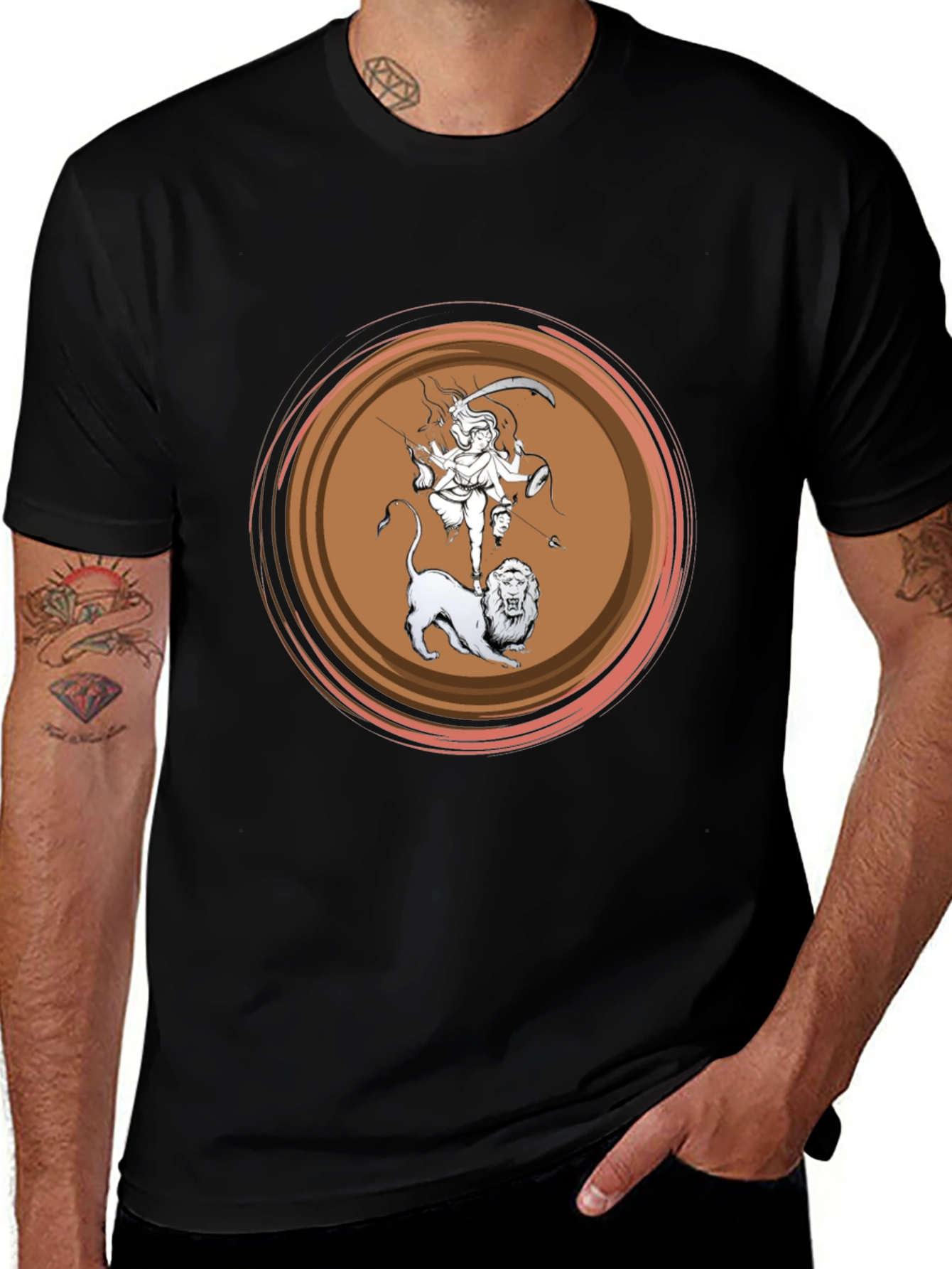 Variant 14 of Durga Lion Graphic T-Shirt - Black Cotton Tee