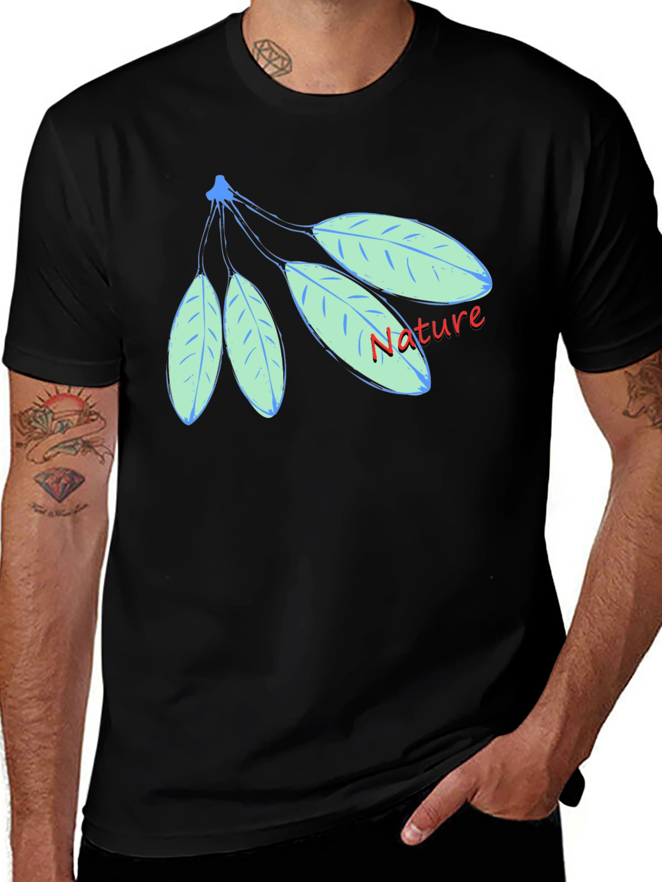 Nature Leaf Design Black Cotton T-Shirt