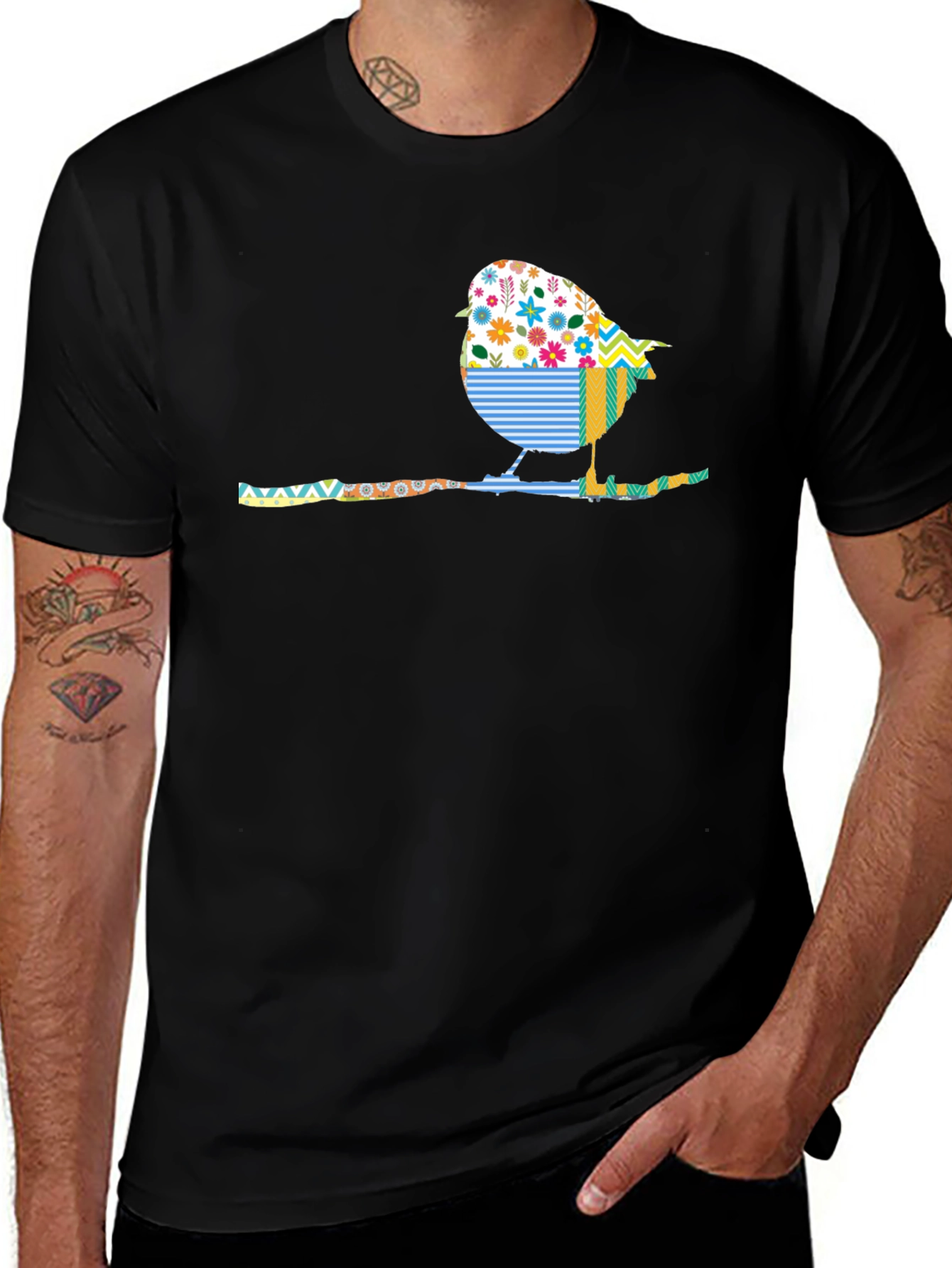Whimsical Bird on Branch Graphic Tee