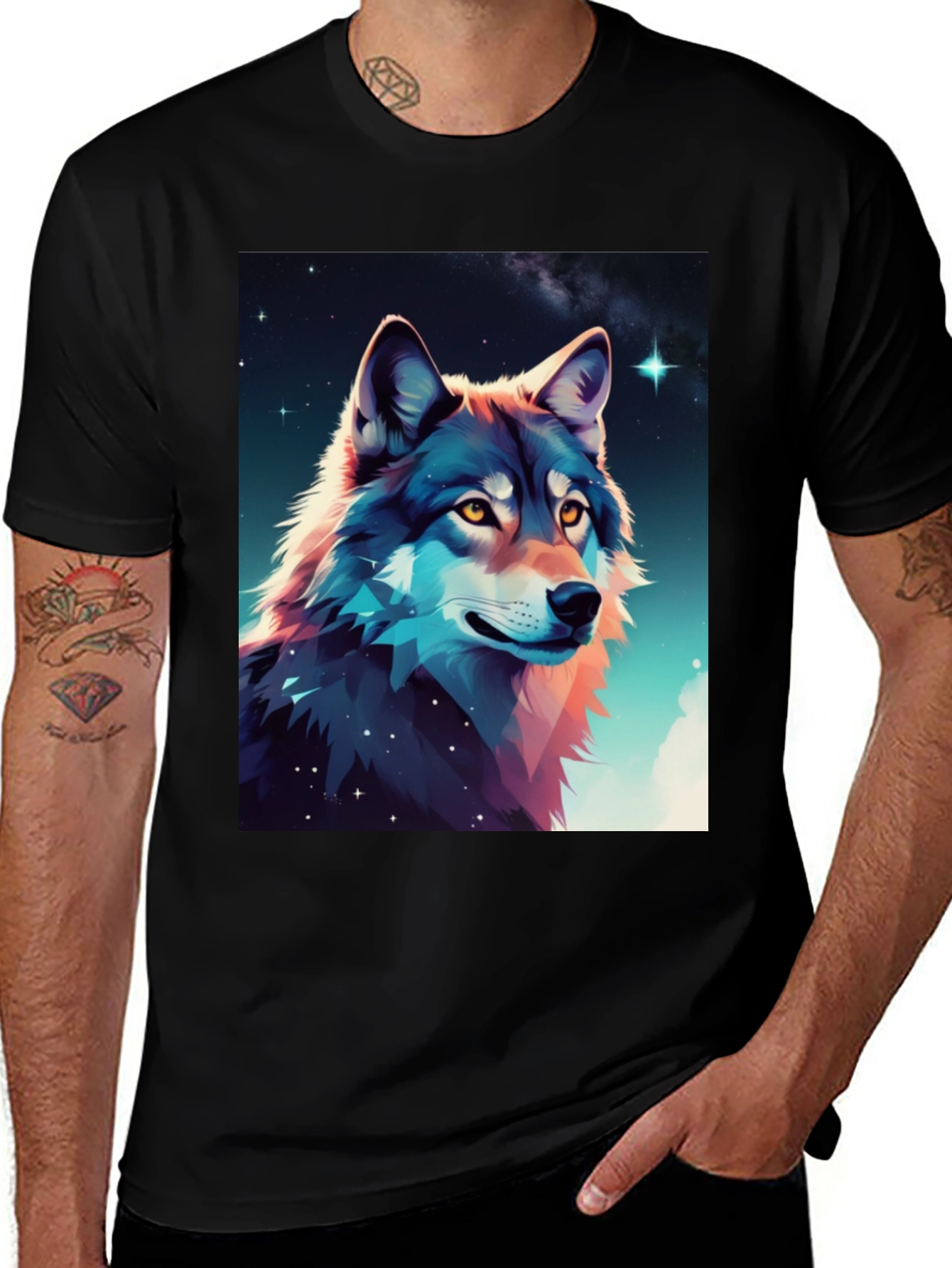 Variant 2 of Wolf Galaxy Graphic Tee - Black Cotton Blend