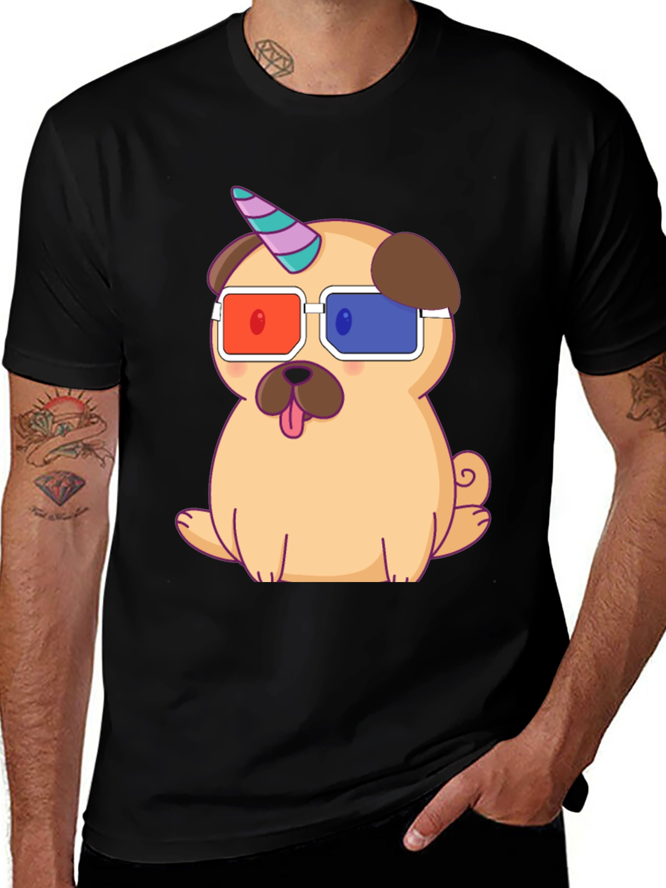 Variant 22 of Unicorn Pug T-Shirt - Cute 3D Glasses Dog Tee