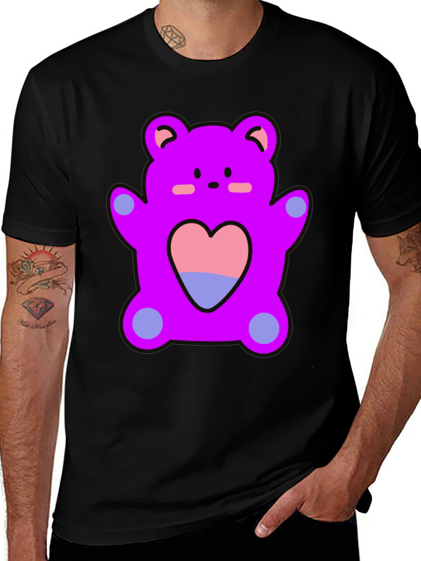 Variant 7 of Fun Purple Teddy Bear Heart Graphic Black T-Shirt