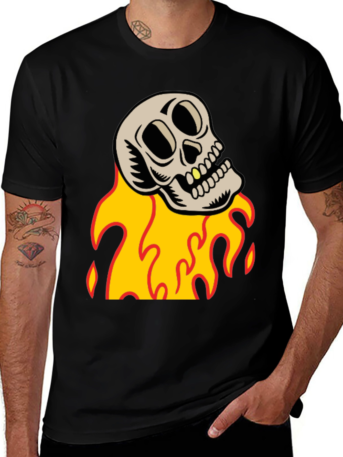 Black Skull on Fire Graphic Tee - Black Cotton T-Shirt main image