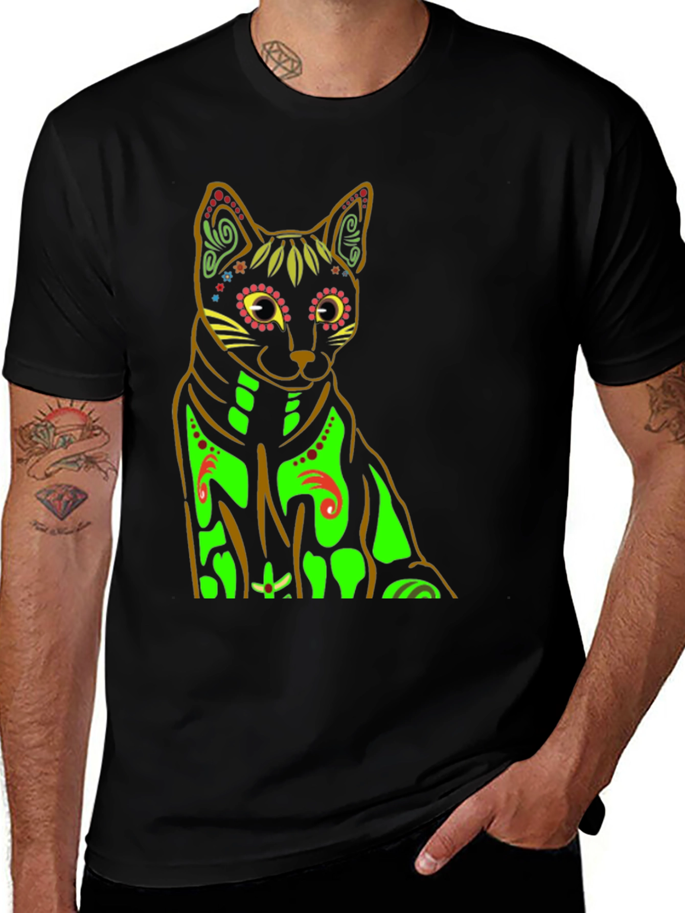 Variant 12 of Cat Sugar Skull T-Shirt - Men's Black Graphic Tee