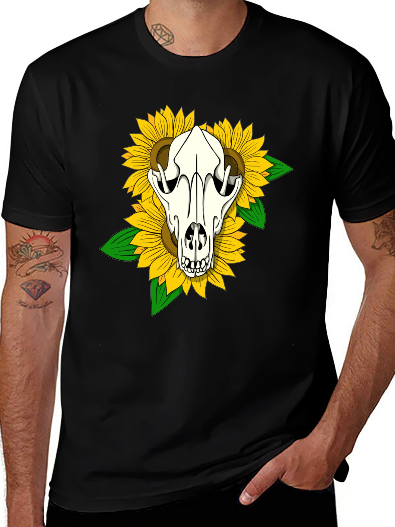Variant 21 of Skull & Sunflower Graphic Tee - Black Cotton T-Shirt