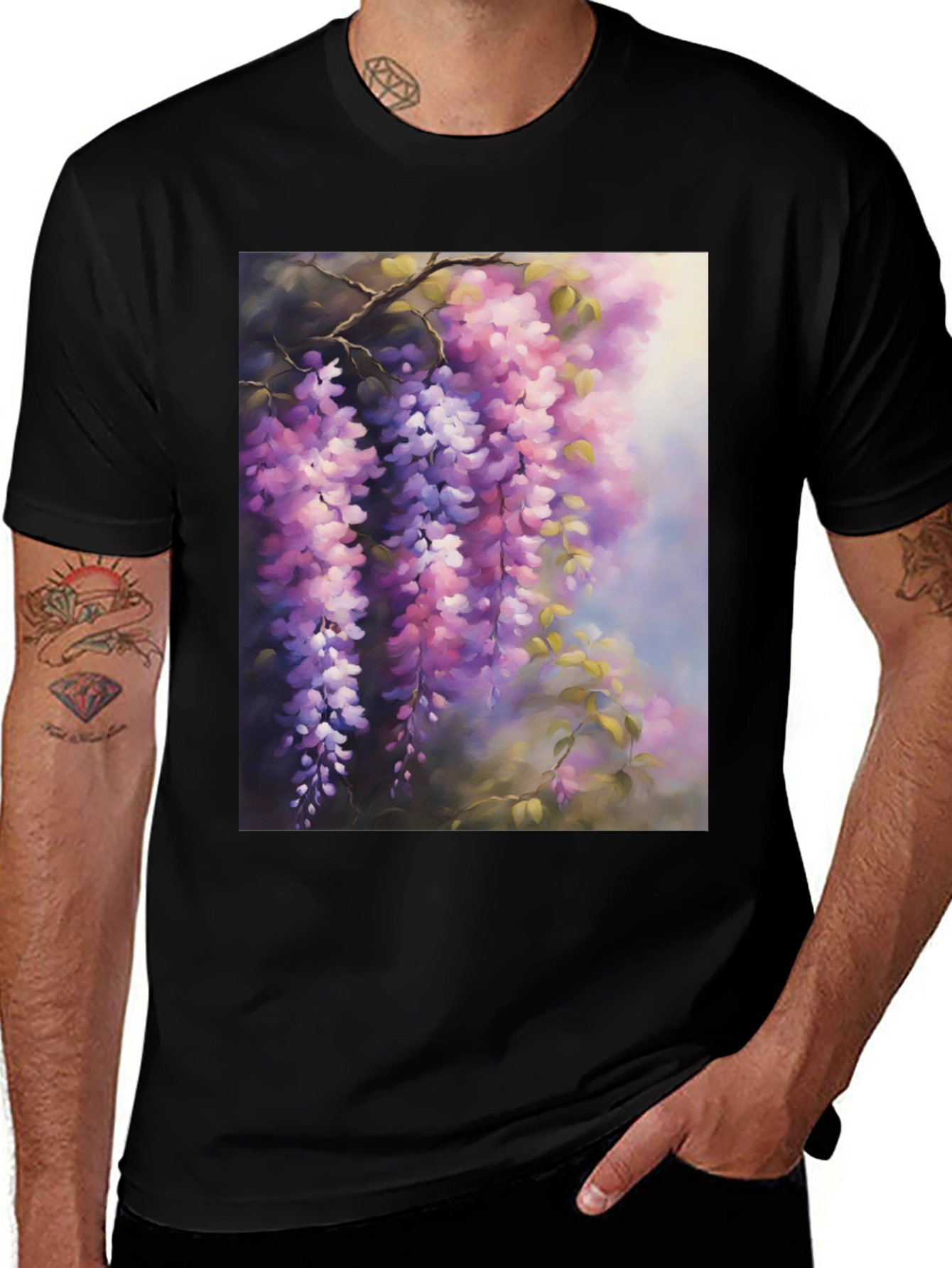 Black Floral Wisteria Print Black T-Shirt main image