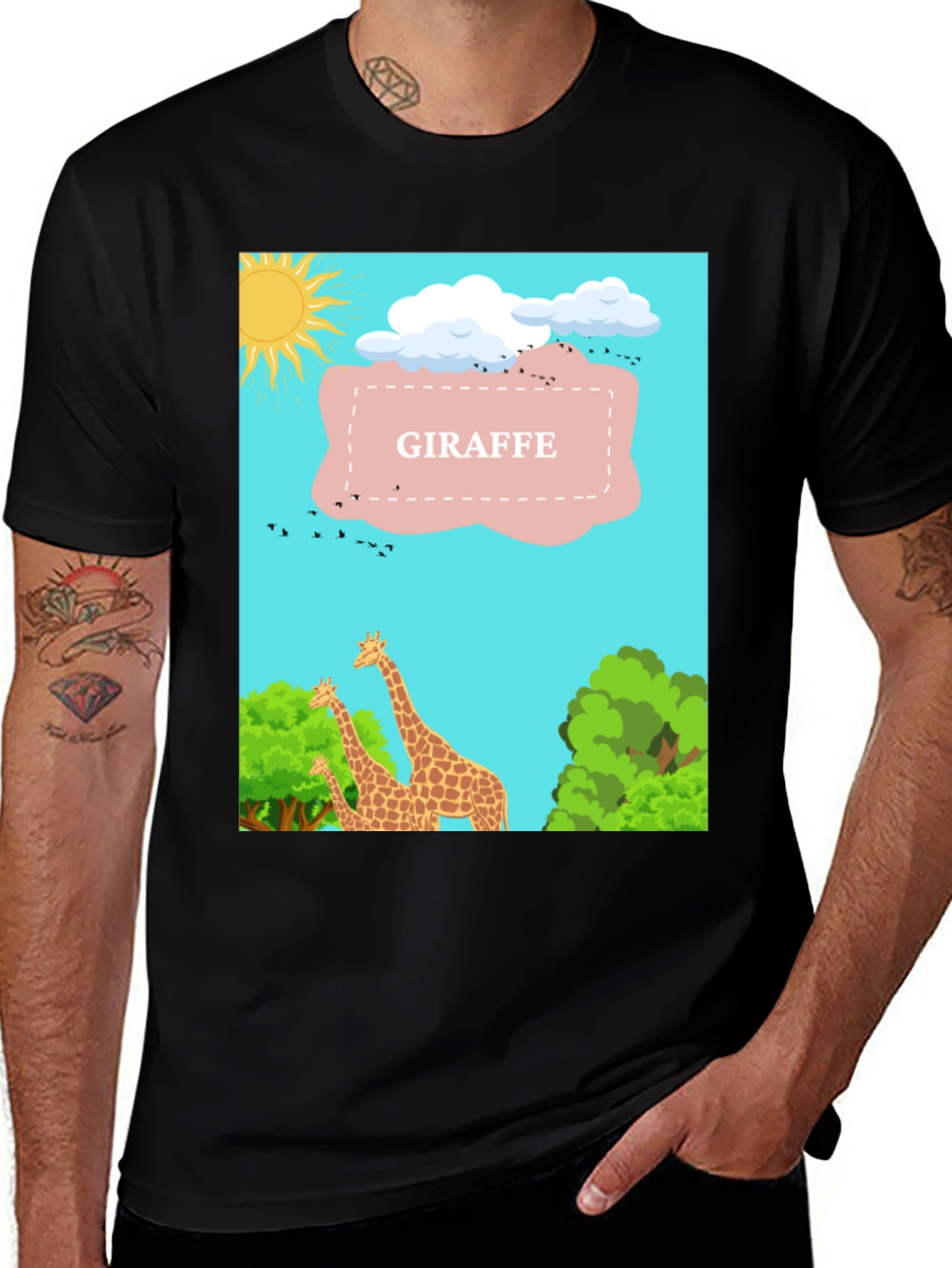 Variant 17 of Giraffe Cartoon Print Black T-Shirt