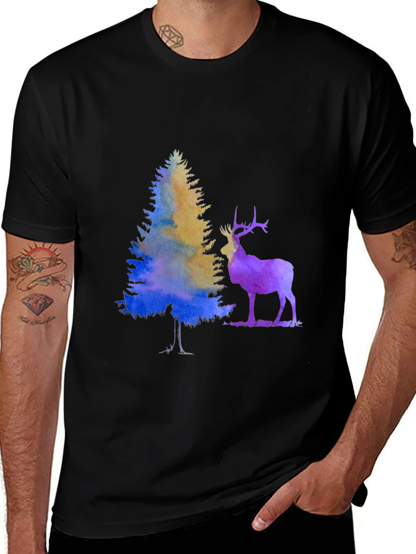 Variant 20 of Watercolor Deer & Tree Graphic Tee - Black