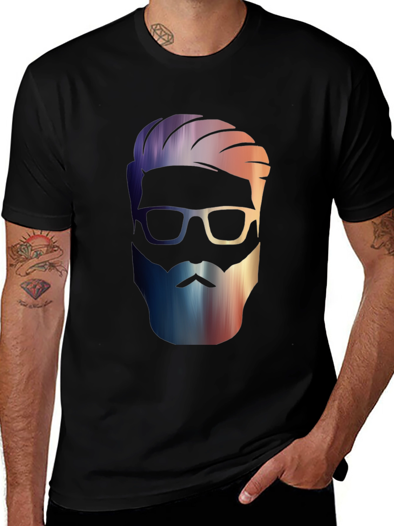 Variant 17 of Men's Black Graphic Tee - Stylish Bearded Design